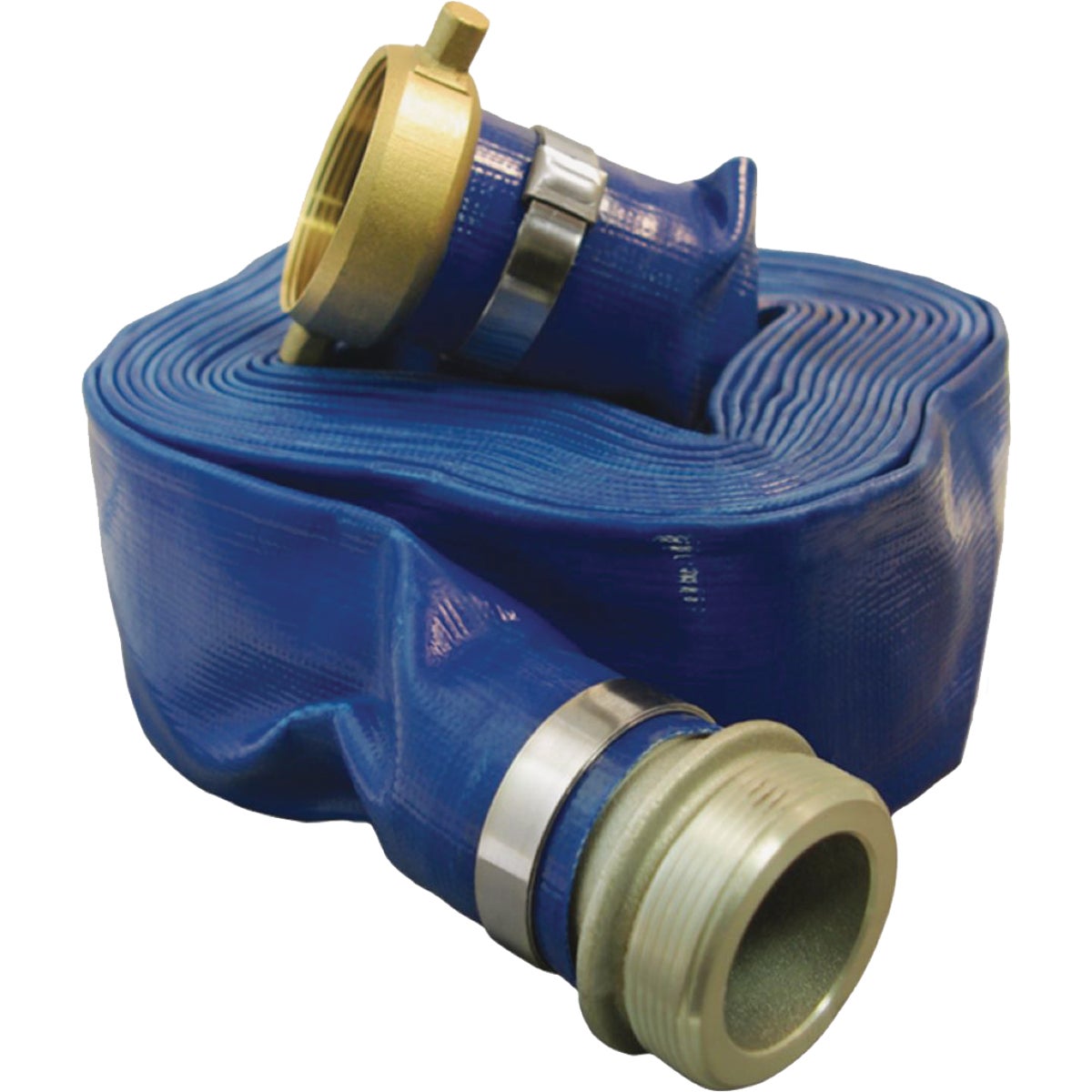 Apache 2 In. x 25 Ft. Blue Reinforced PVC Lay Flat Discharge Hose with Male/Female Connections Image 2