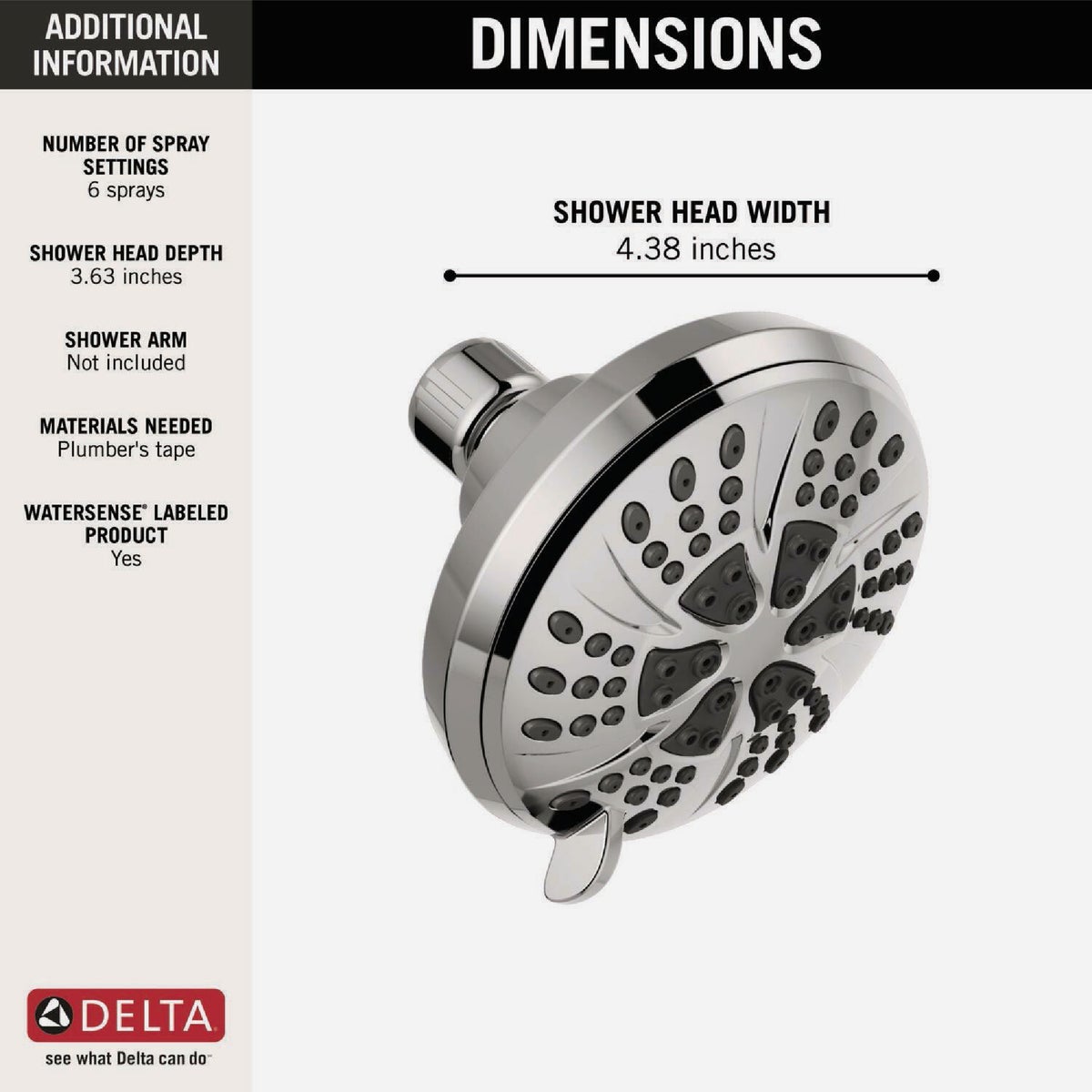 Delta 6-Spray 1.75 GPM Fixed Shower Head, Chrome Image 2