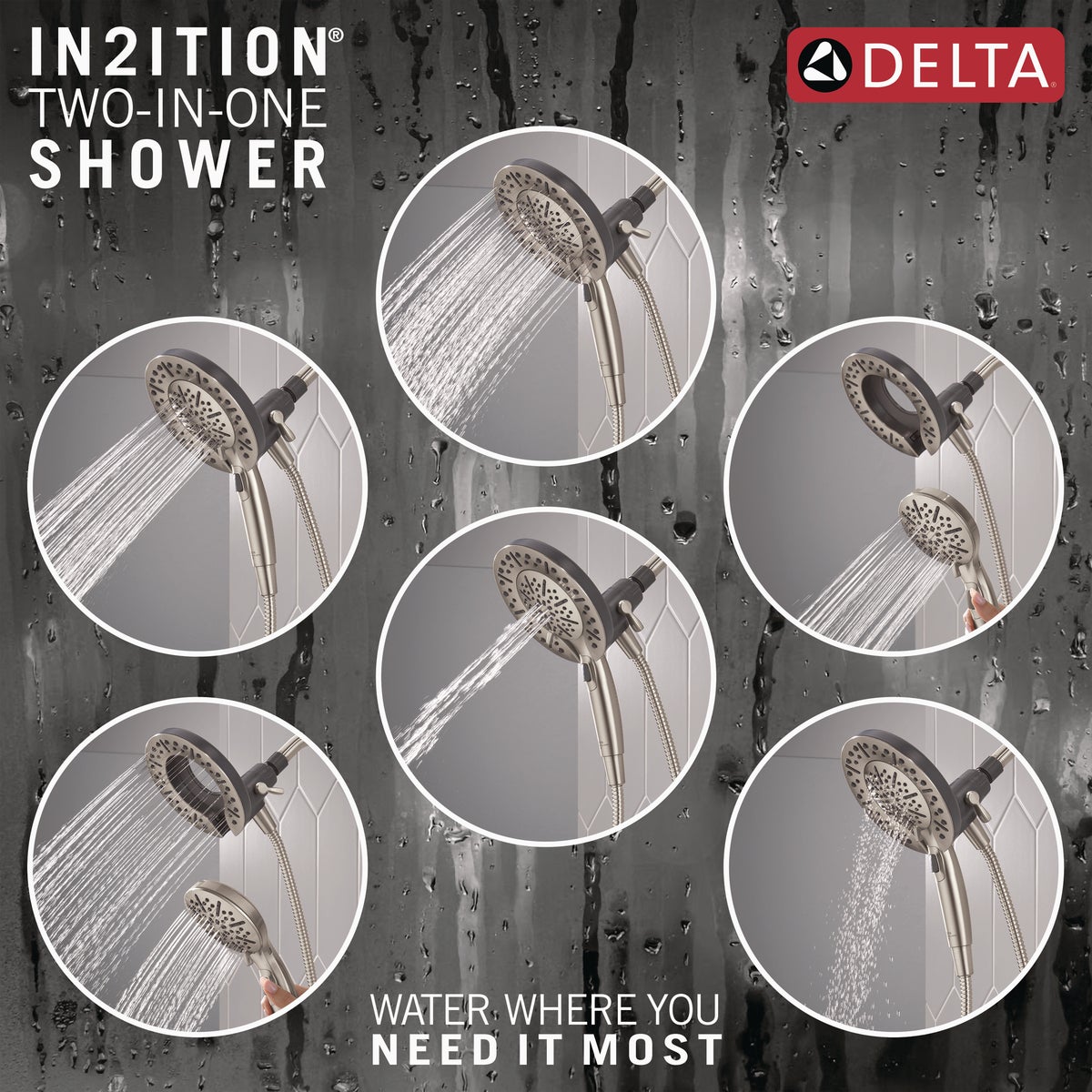 Delta In2ition 5-Spray 1.75GPM Two-In-One Universal Shower Head, Brushed Nickel Image 2