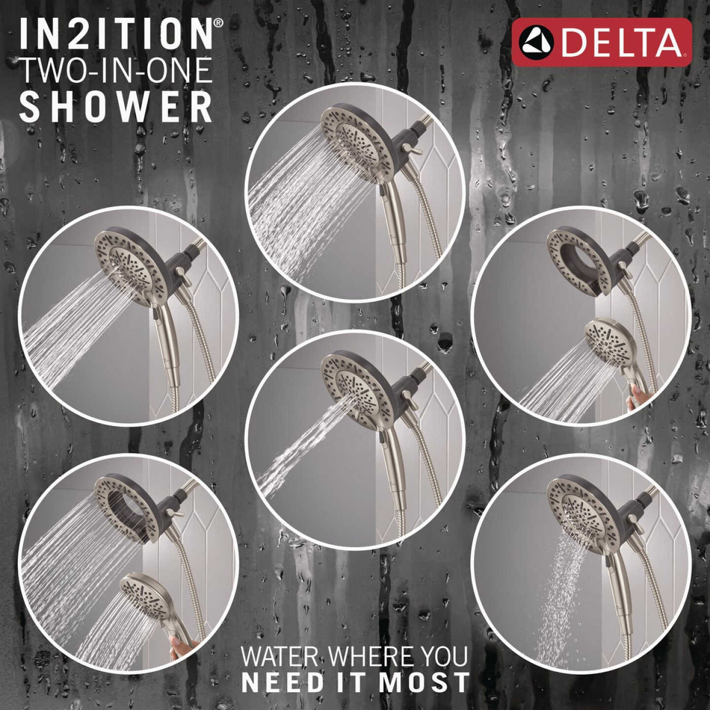 Delta In2ition 5-Spray 1.75GPM Two-In-One Universal Shower Head, Brushed Nickel Image 2