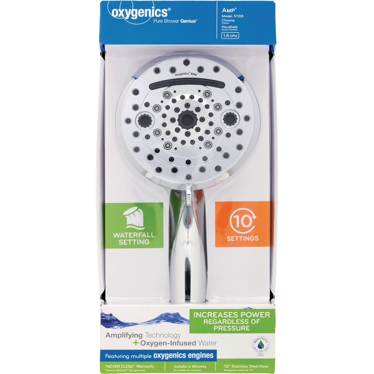 Oxygenics Amp 10-Spray 1.8 GPM Handheld Showerhead, Chrome Image 7