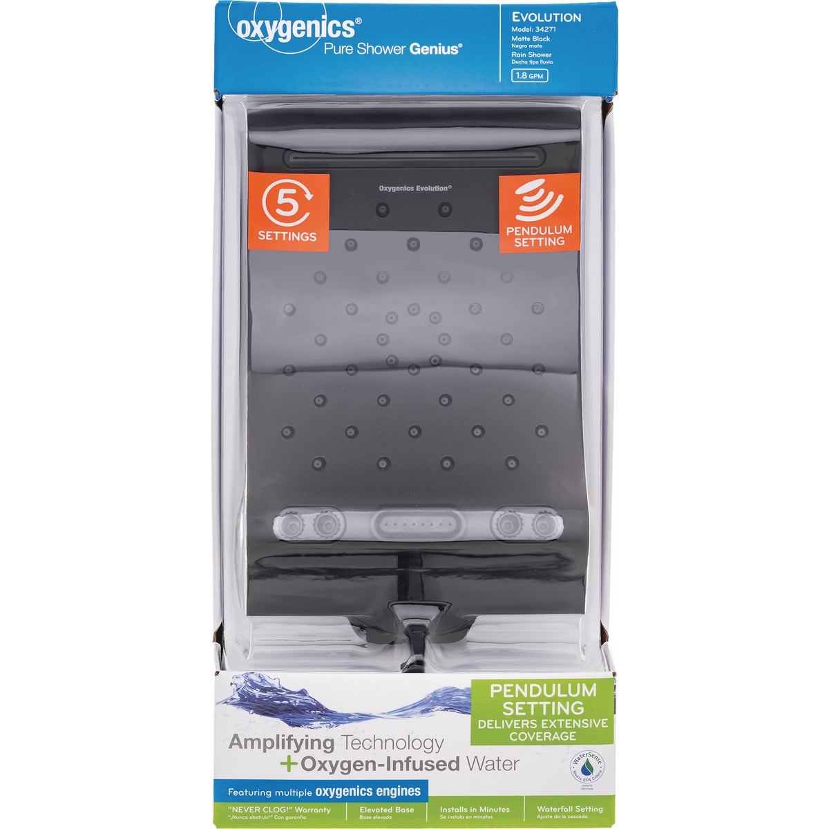 Oxygenics Evolution 5-Spray 1.8 GPM Rain Showerhead, Matte Black Image 7