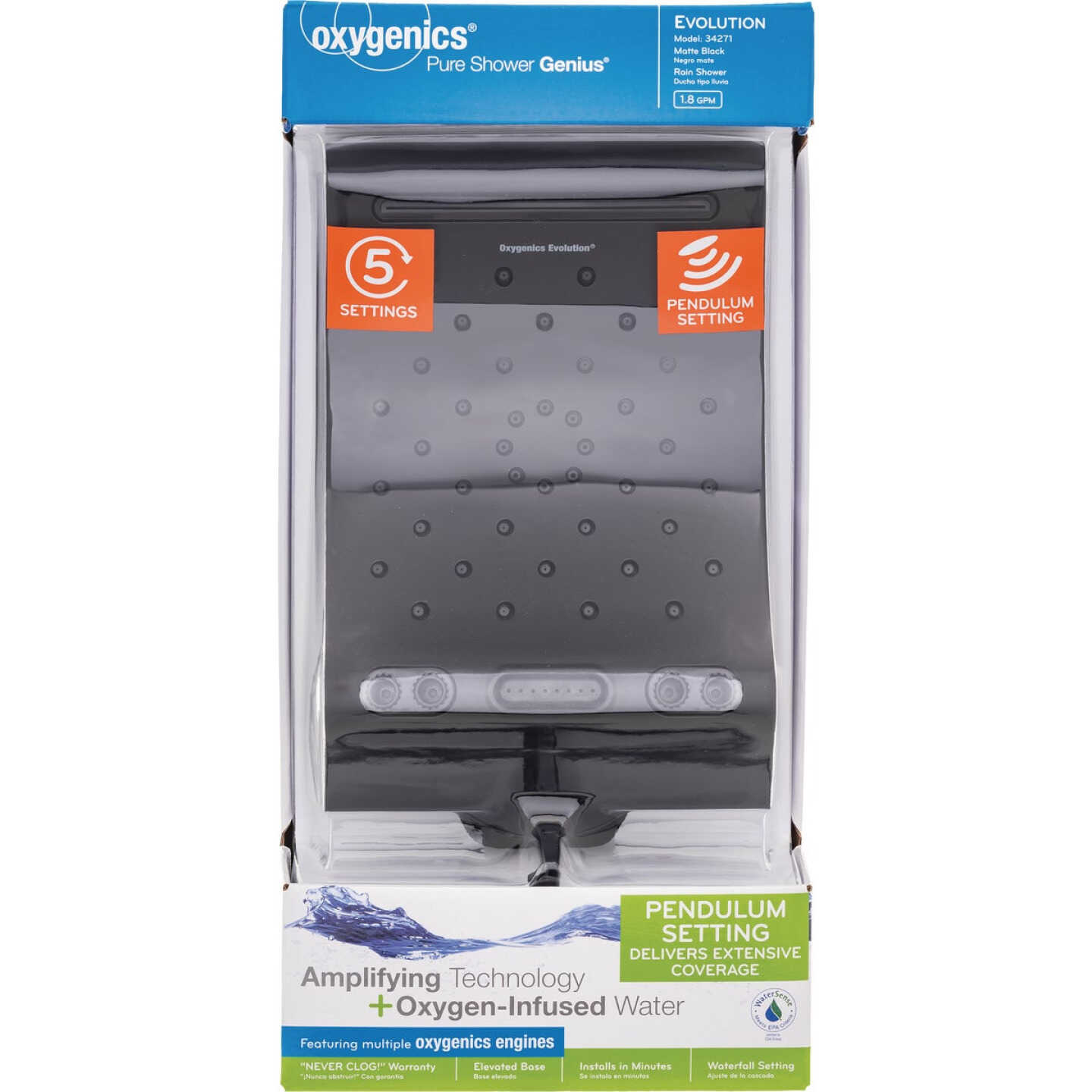 Oxygenics Evolution 5-Spray 1.8 GPM Rain Showerhead, Matte Black Image 7