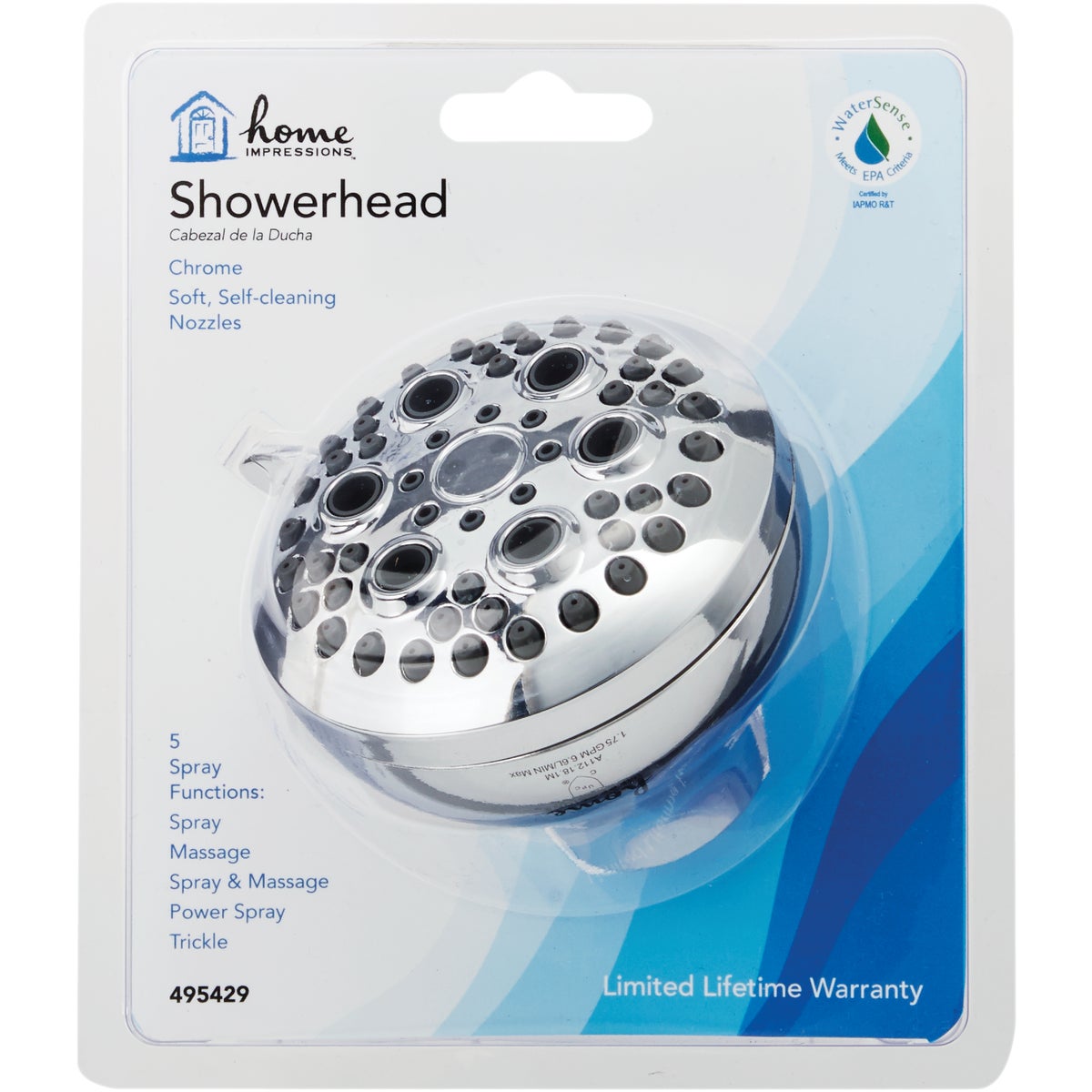 Home Impressions 5-Spray 1.8 GPM Fixed Shower Head, Chrome Image 2