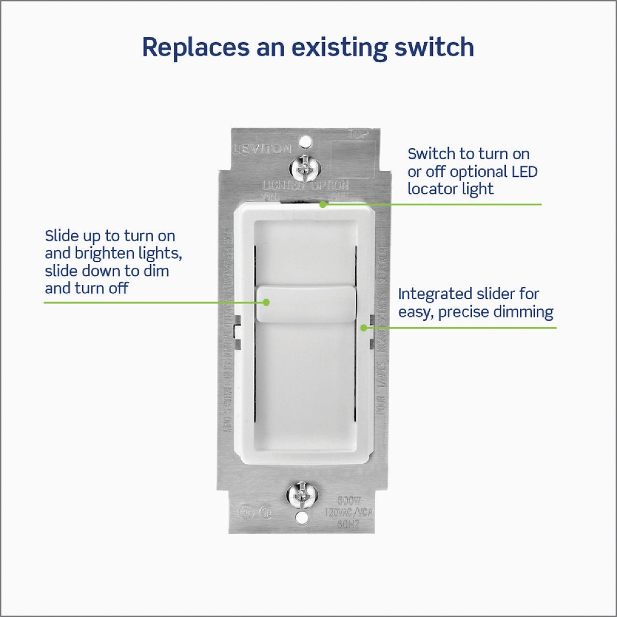 Leviton Decora SureSlide Incandescent/Halogen/LED White Slide Dimmer Switch Image 3