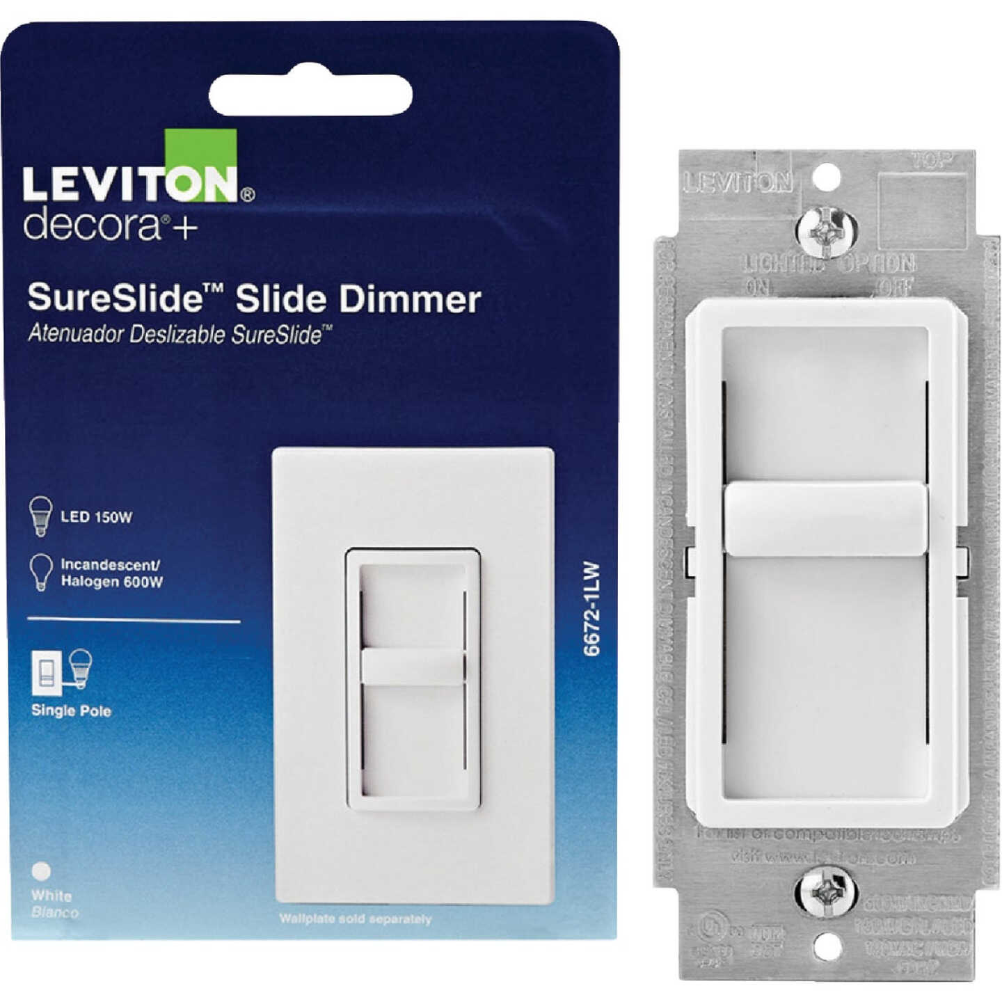 Leviton Decora SureSlide Incandescent/Halogen/LED White Slide Dimmer Switch Image 1