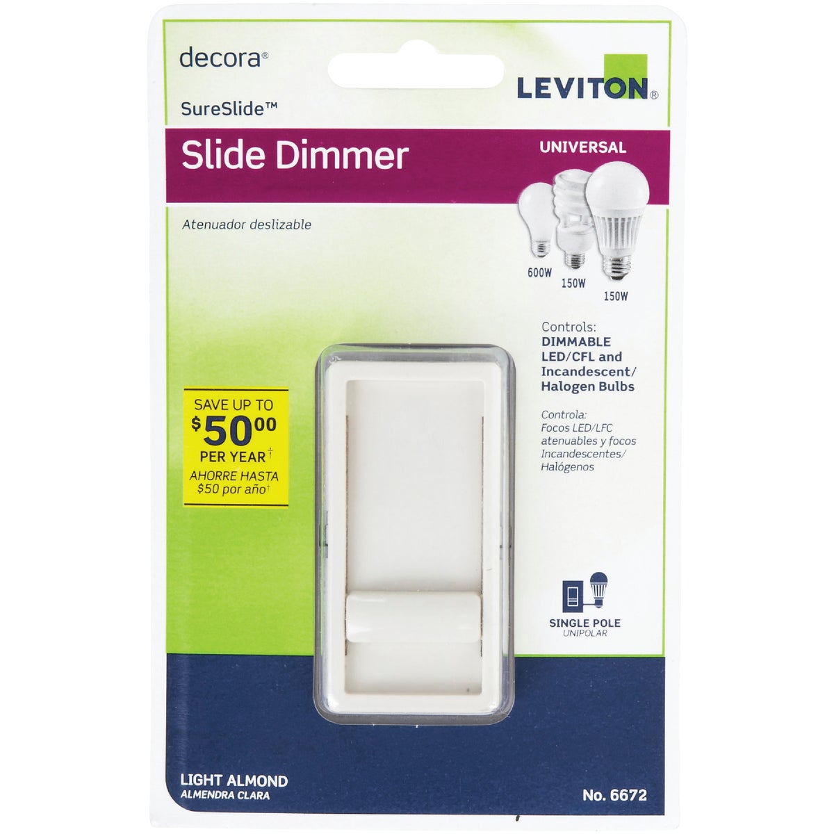 Leviton Decora Incandescent/Halogen/LED/CFL Light Almond Slide Dimmer Switch Image 2