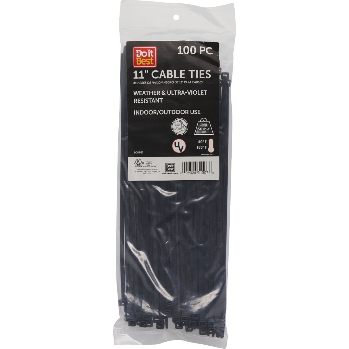 Do it Best 11 In. x 0.189 In. Black Molded Nylon Weather Resistant Cable Tie (100-Pack)