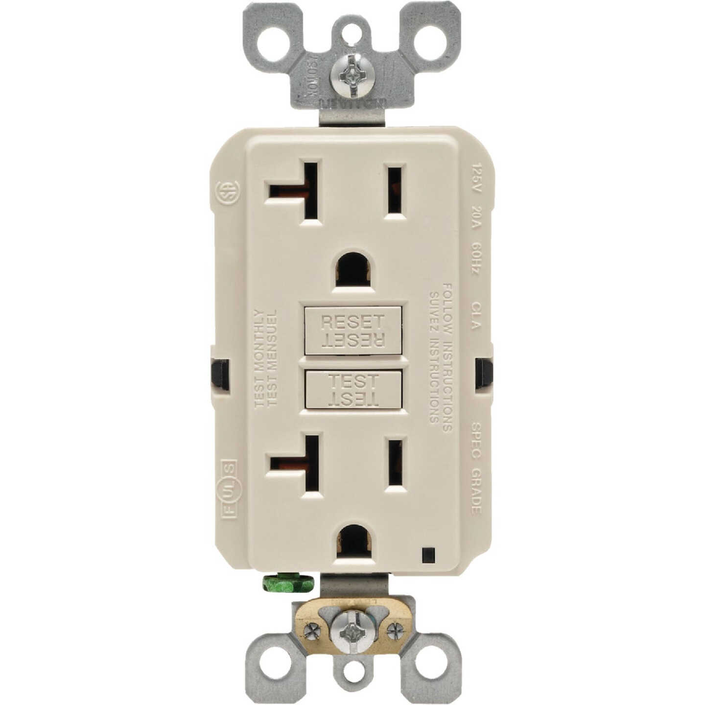 Leviton SmartlockPro Self-Test 20A Light Almond Commercial Grade Rounded Corner 5-20R GFCI Outlet Image 2