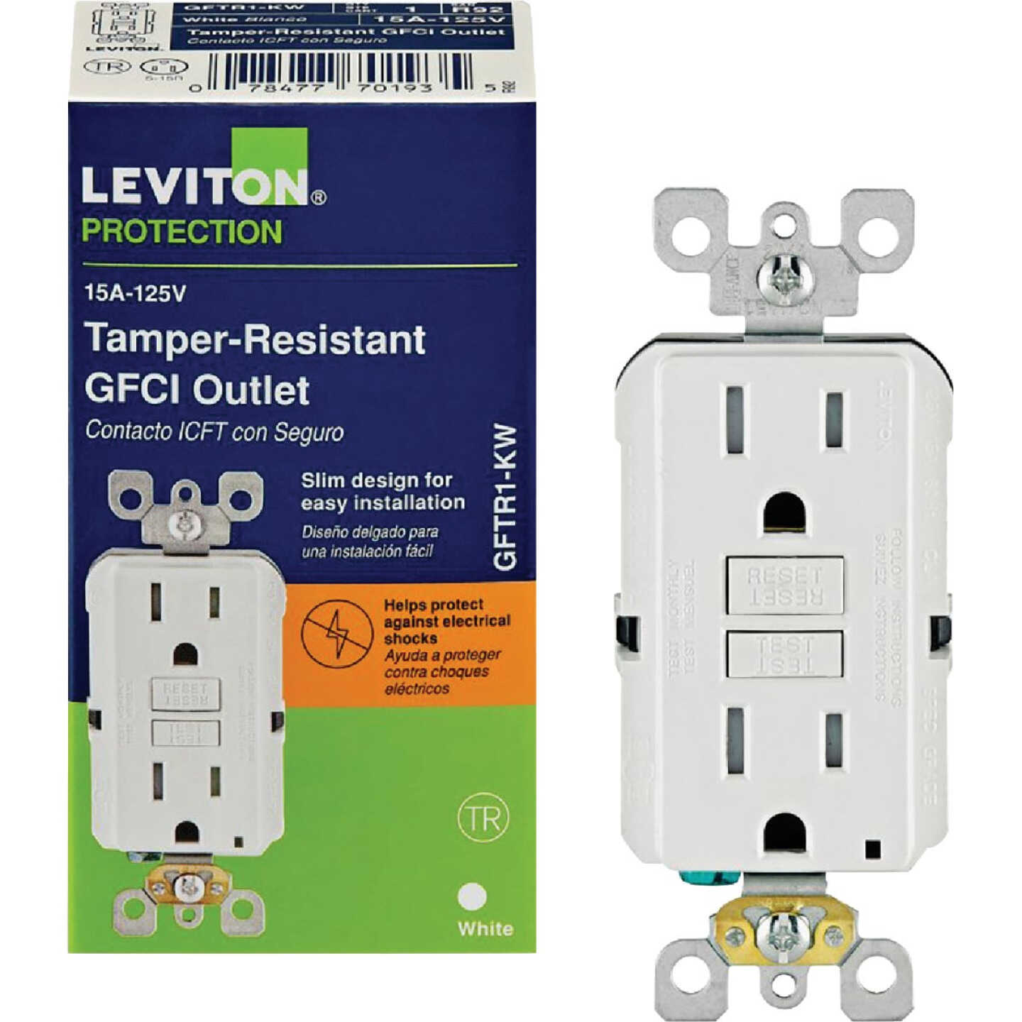 Leviton SmartlockPro Self-Test 15A White Residential Grade Tamper Resistant 5-15R Slim GFCI Duplex Outlet Image 1