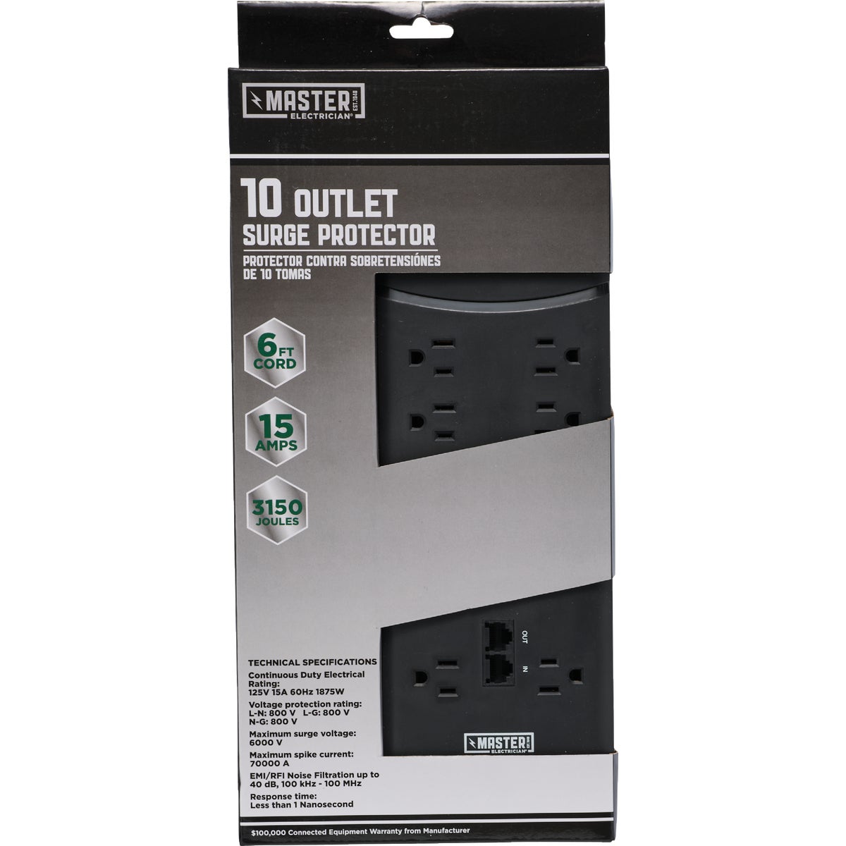 Do it Best 10-Outlet 3000J Black Surge Protector Strip with Phone Line Protection & 6 Ft. Cord