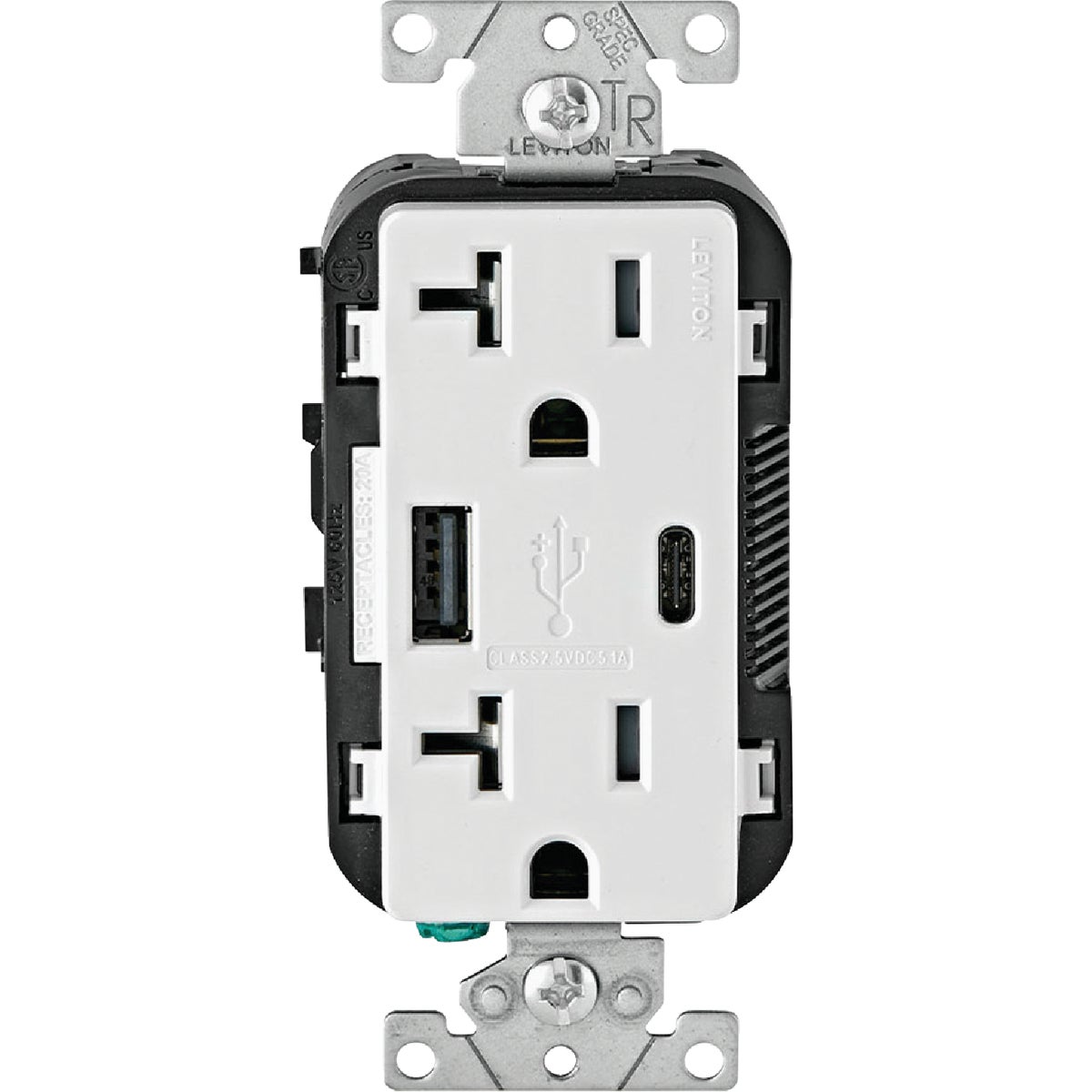 Leviton Decora 20A White 5.1A Type A/C USB with 5-20R Tamper Resistant In-Wall Charger Duplex Outlet
