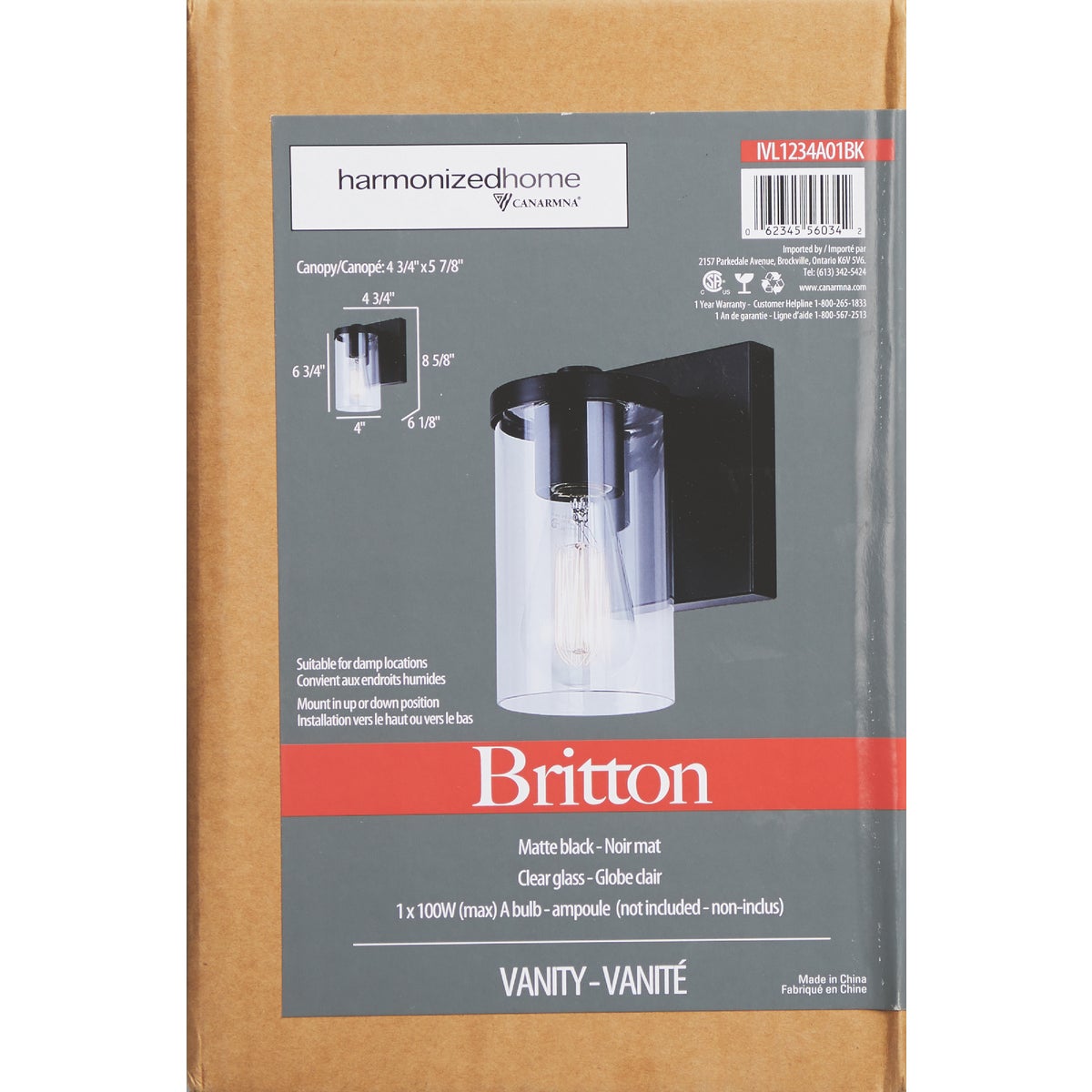 Canarm Britton 1-Light Black Vanity Bath Light Fixture, Clear Glass Image 3