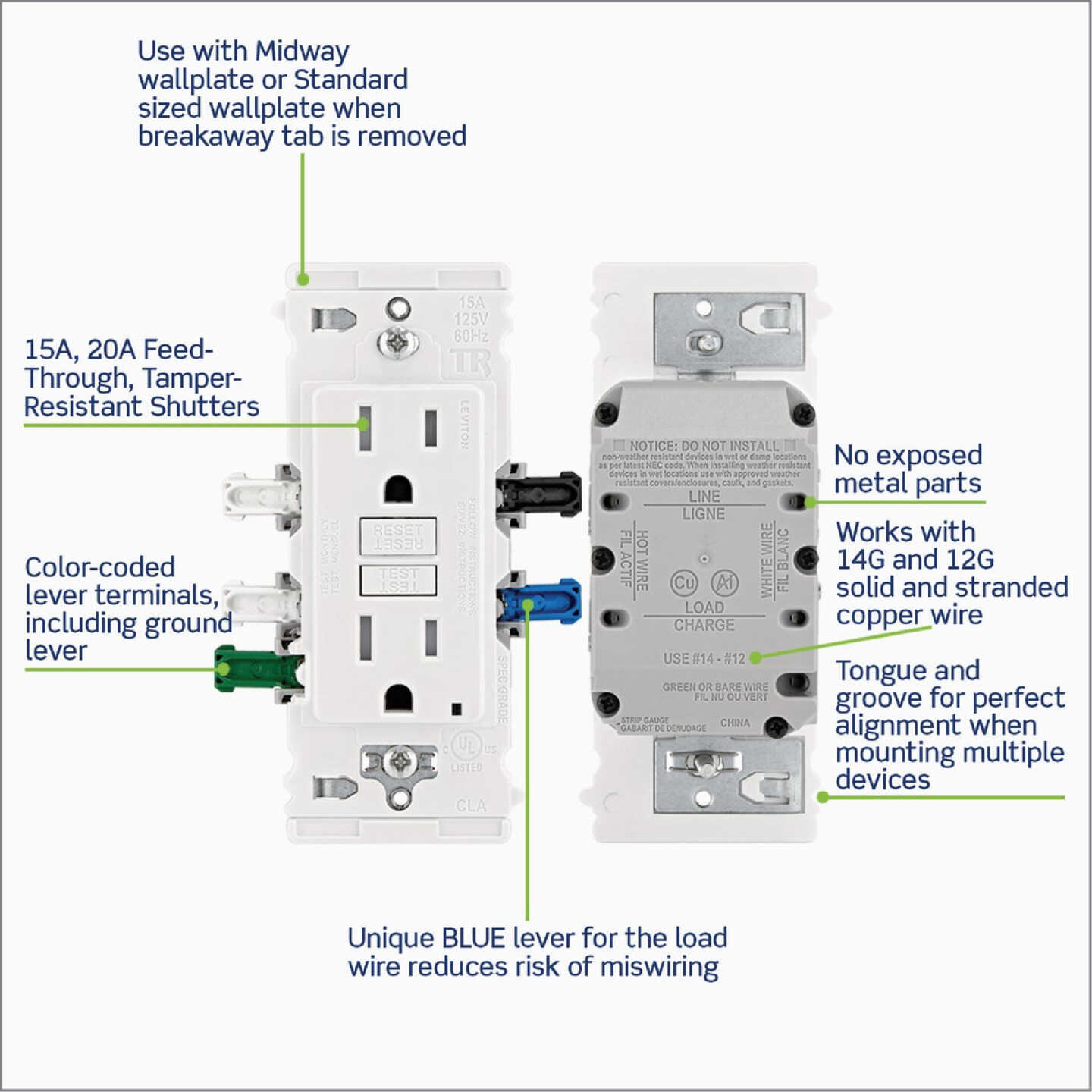 Leviton Lever Edge Self-Test 15A White Tamper-Resistant GFCI Duplex Outlet Image 4
