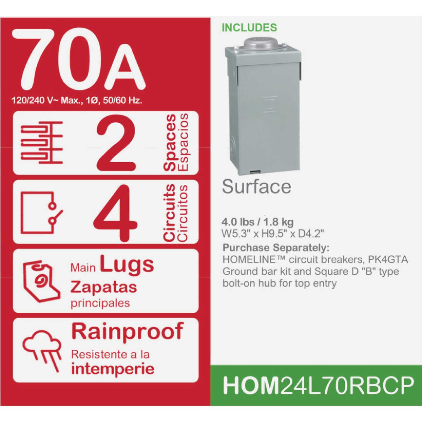 Square D Homeline 70A 2-Space 4-Circuit Raintight Main Lug Load Center Image 2