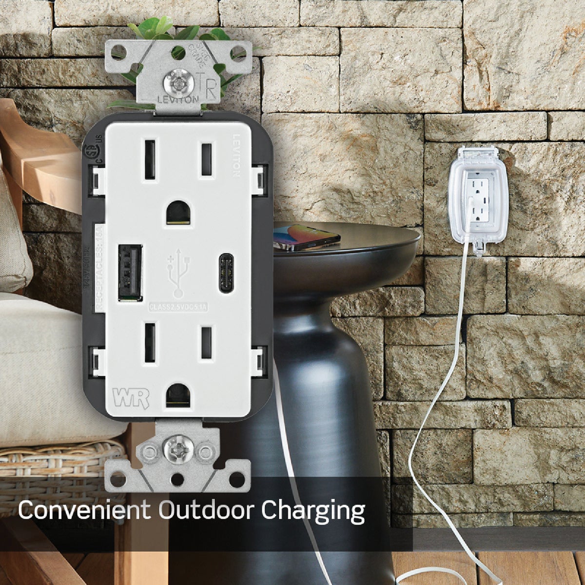 Leviton Decora 15A White 5.1A Type A/C USB 5-15R Weather/Tamper-Resistant In-Wall Charger Duplex Outlet Image 5