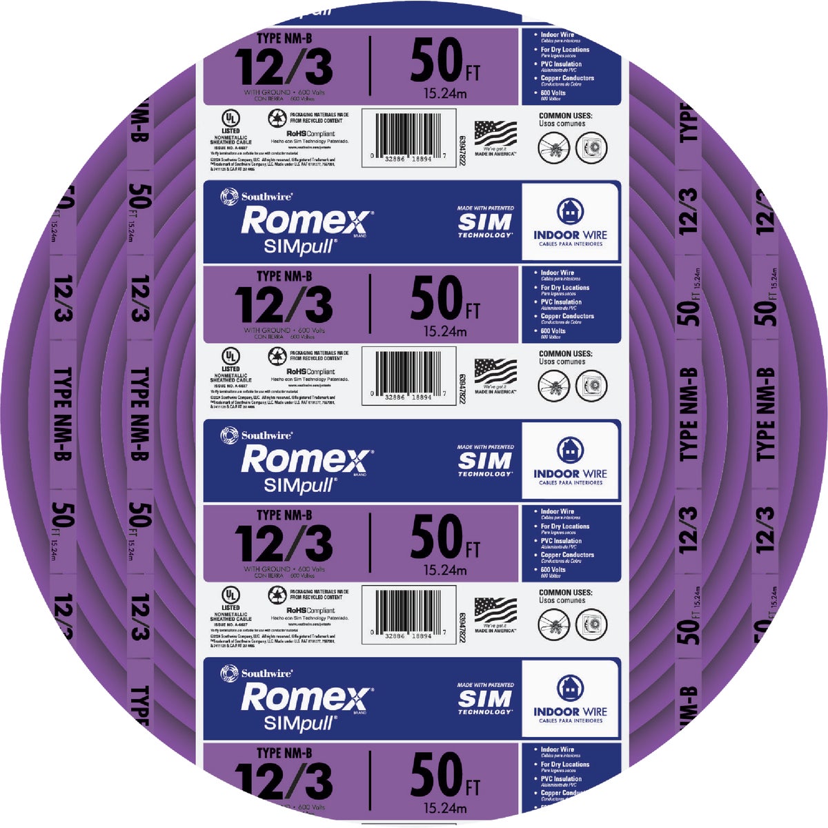 Romex 50 Ft. 12/3 Solid Purple NMW/G Electrical Wire