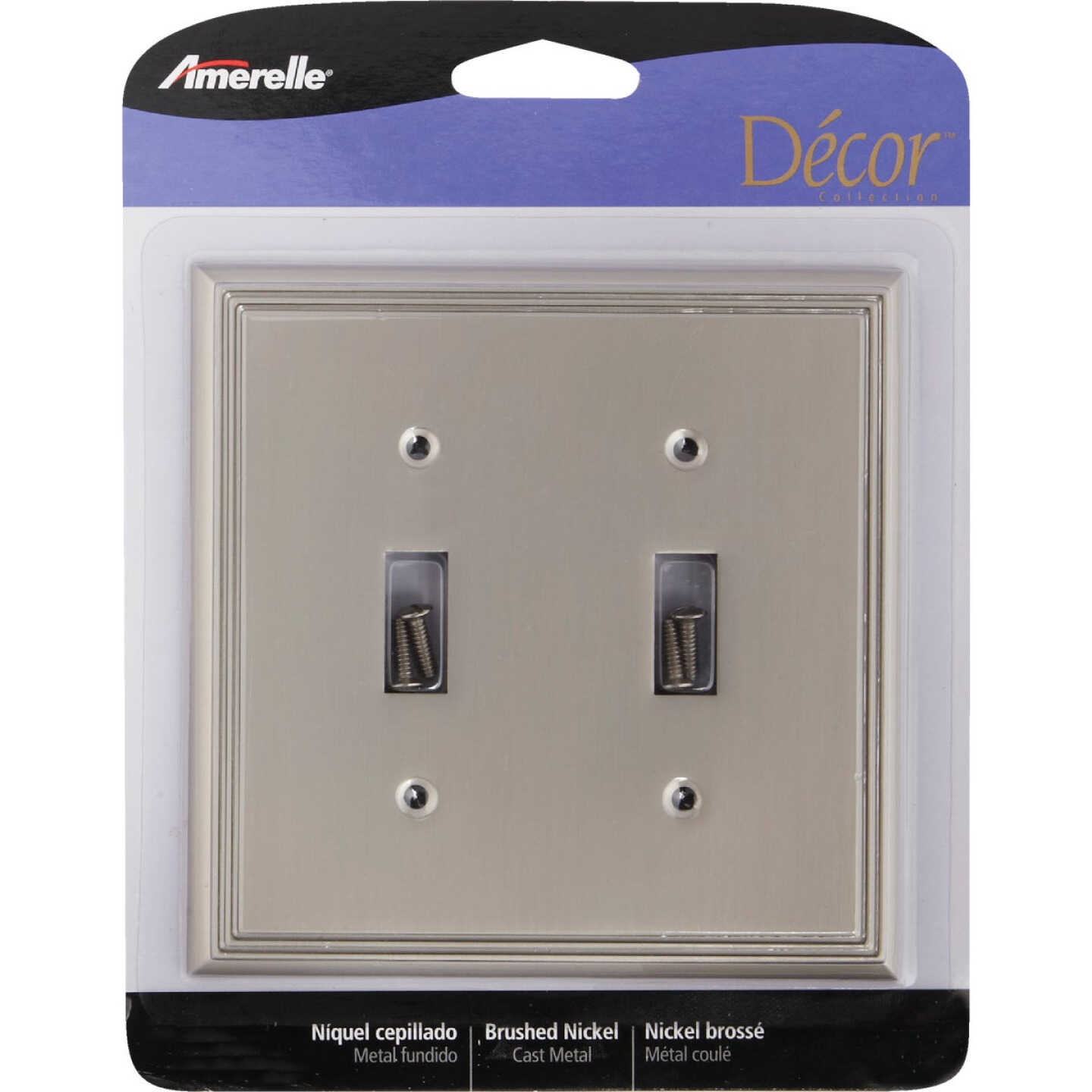 Amerelle Metro Line 2-Gang Cast Metal Toggle Switch Wall Plate, Brushed Nickel Image 2