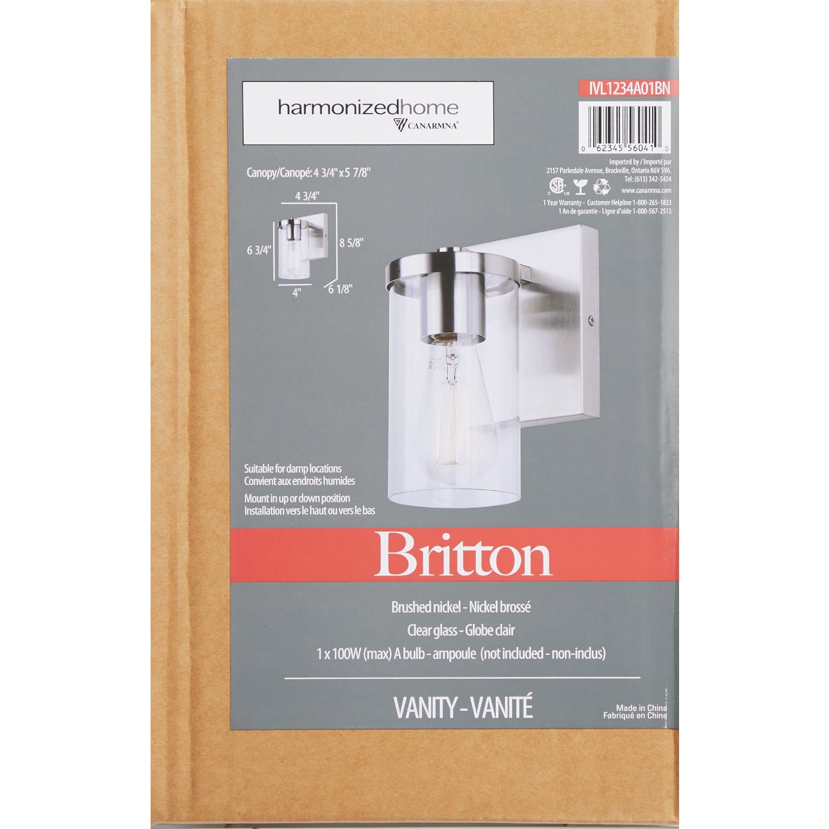 Canarm Britton 1-Light Brushed Nickel Vanity Bath Light Fixture, Clear Glass Image 3