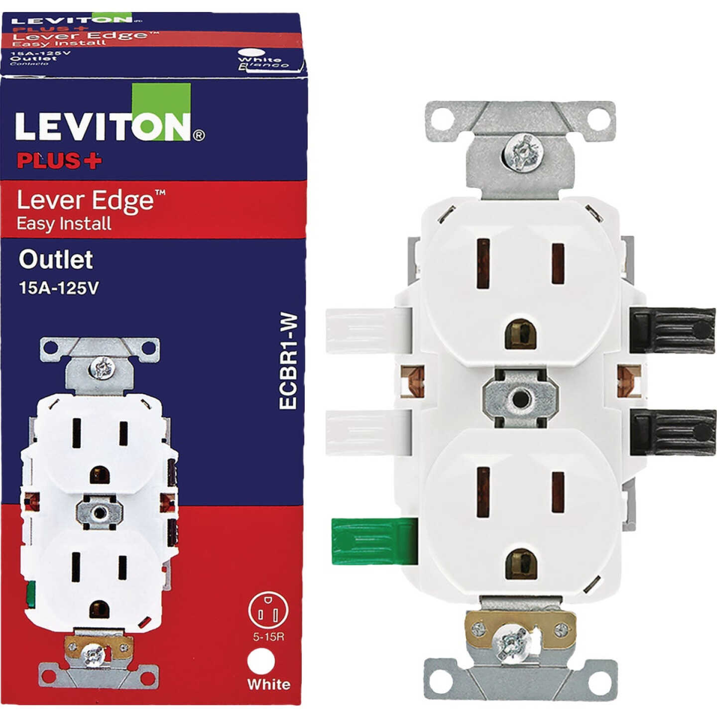 Leviton Lever Edge White 15A Commercial Grade 5-15R Duplex Outlet Image 1
