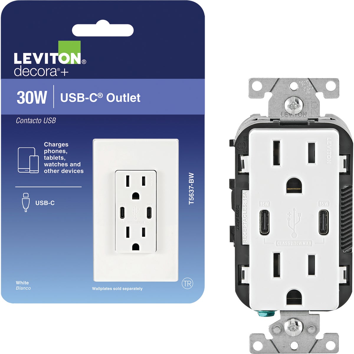 Leviton Decora 15A White 6A Dual Type C/C USB Tamper-Resistant Wall Outlet Charger