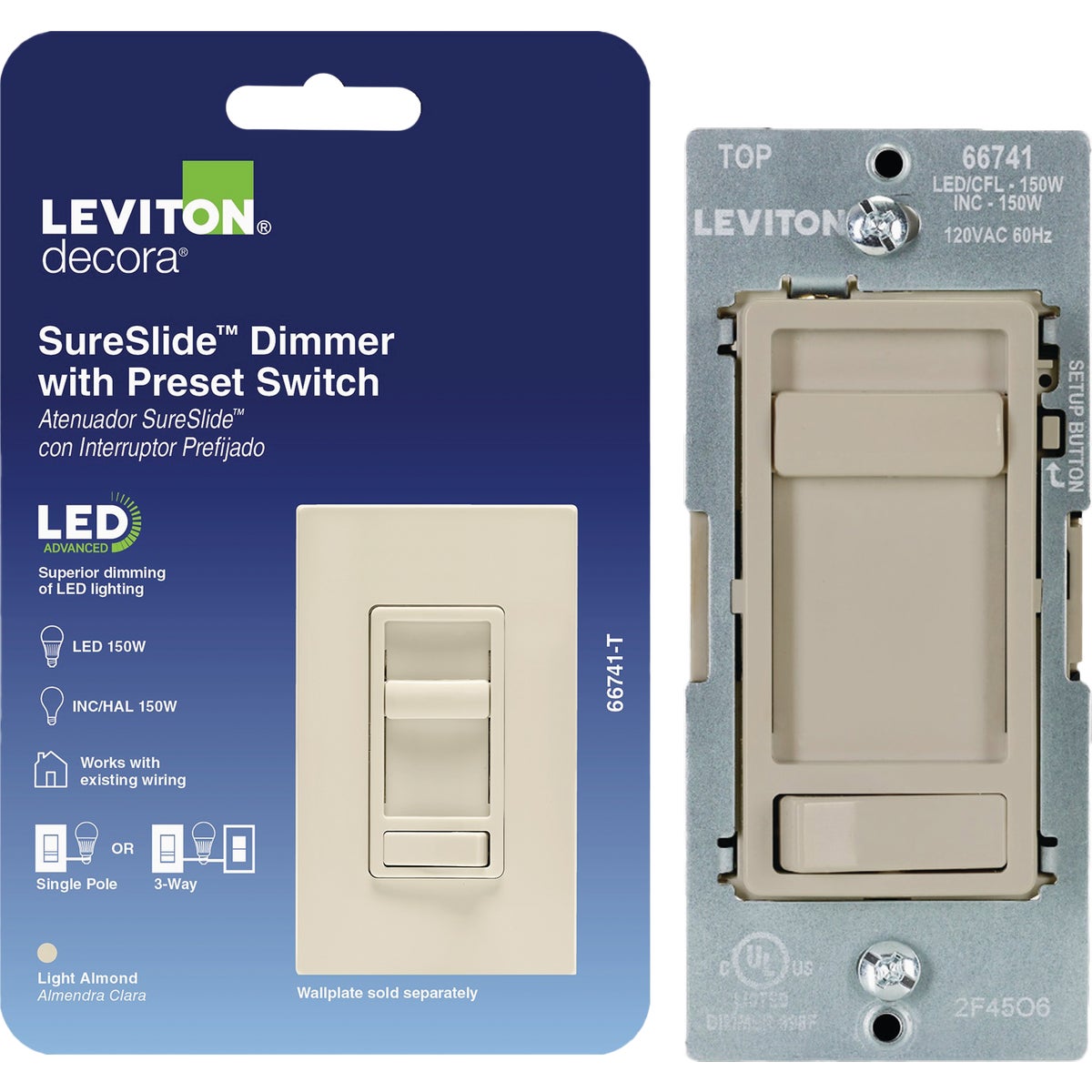 Leviton SureSlide LED/CFL Light Almond Slide Dimmer Image 4