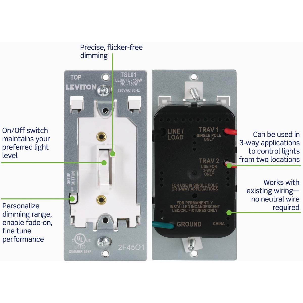 Leviton LED/CFL/Incandescent White Slide Dimmer Image 2