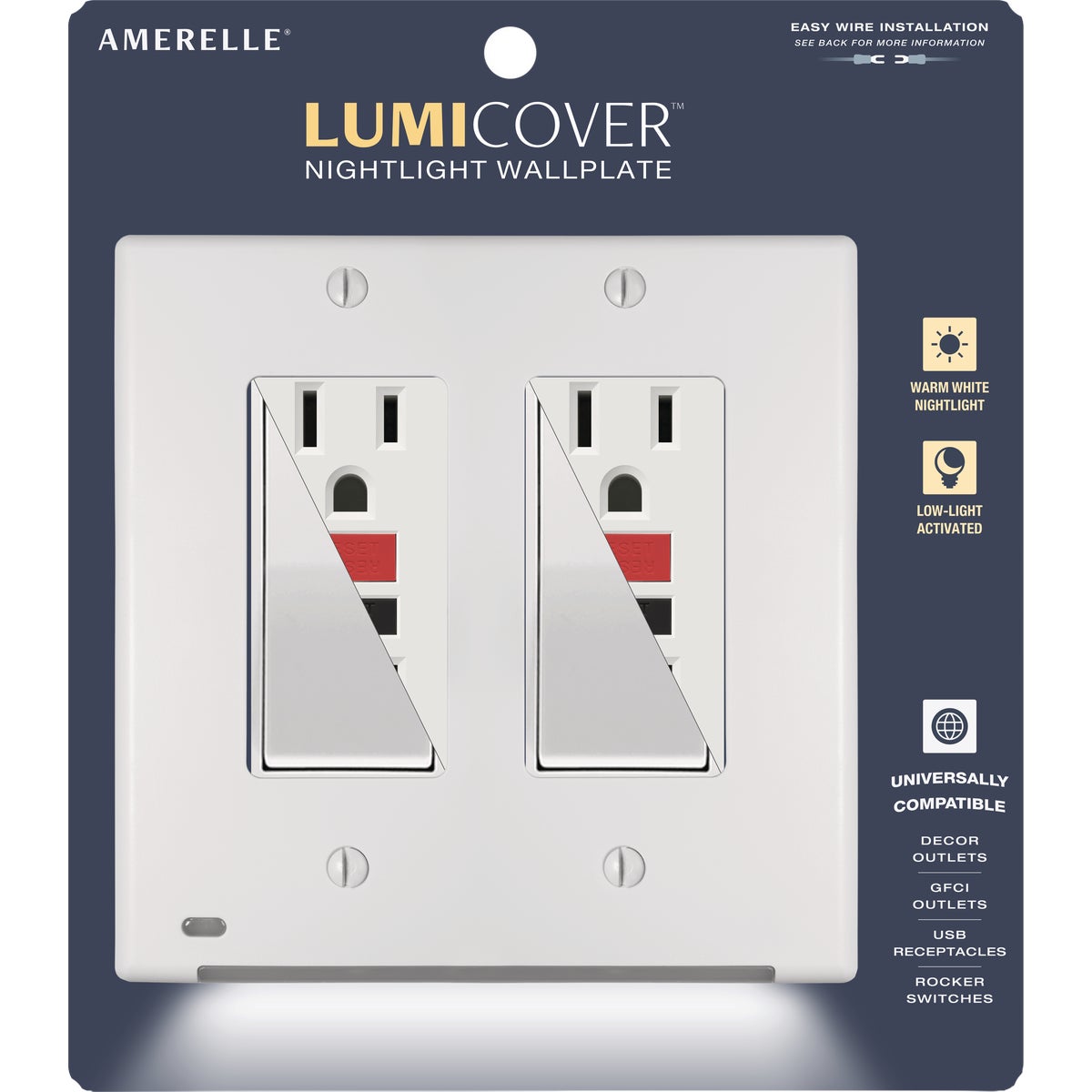 Amerelle LumiCover 2-Gang Universal Wallplate with Built-In Night Light, White Image 2