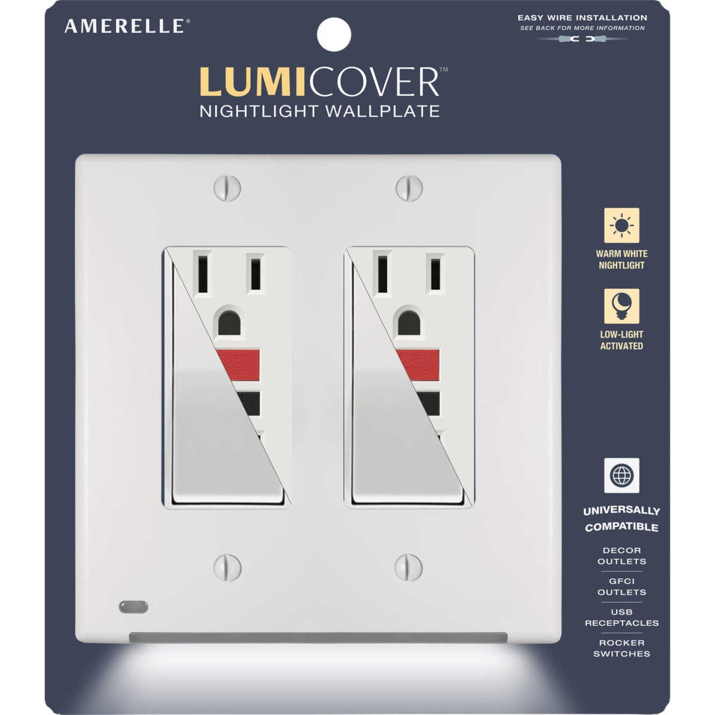 Amerelle LumiCover 2-Gang Universal Wallplate with Built-In Night Light, White Image 2