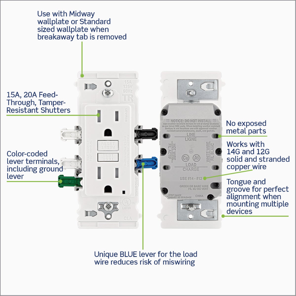Leviton Lever Edge Self-Test 15A White Tamper-Resistant GFCI Duplex Outlet (3-Pack) Image 4