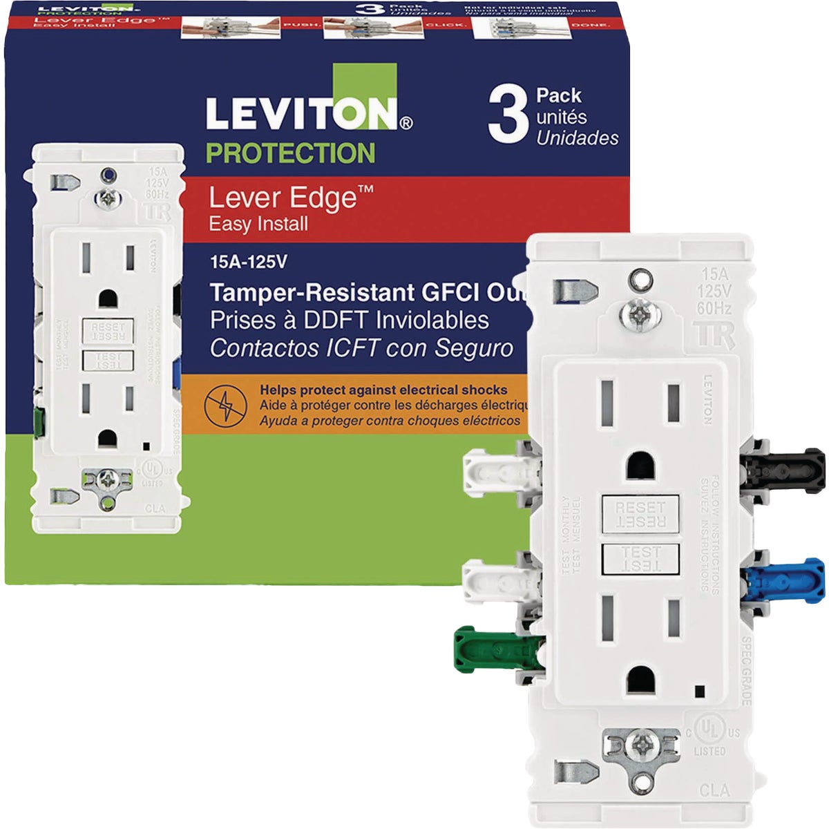 Leviton Lever Edge Self-Test 15A White Tamper-Resistant GFCI Duplex Outlet (3-Pack)