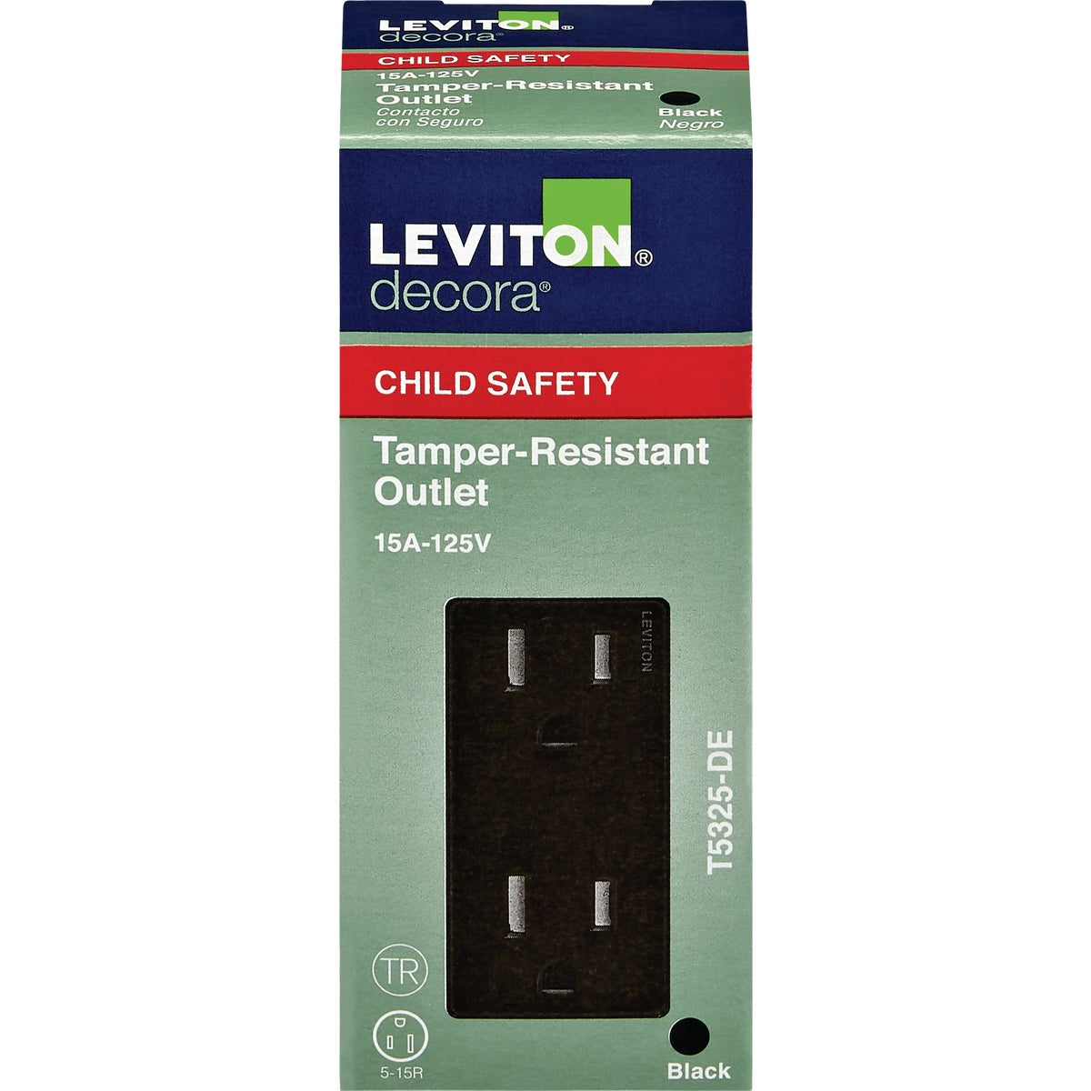 Leviton Decora 15A Black 125V Tamper Resistant Duplex Outlet/Receptacle Image 2