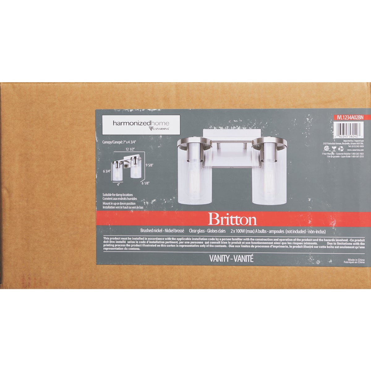 Canarm Britton 2-Light Brushed Nickel Vanity Bath Light Fixture, Clear Glass Image 3