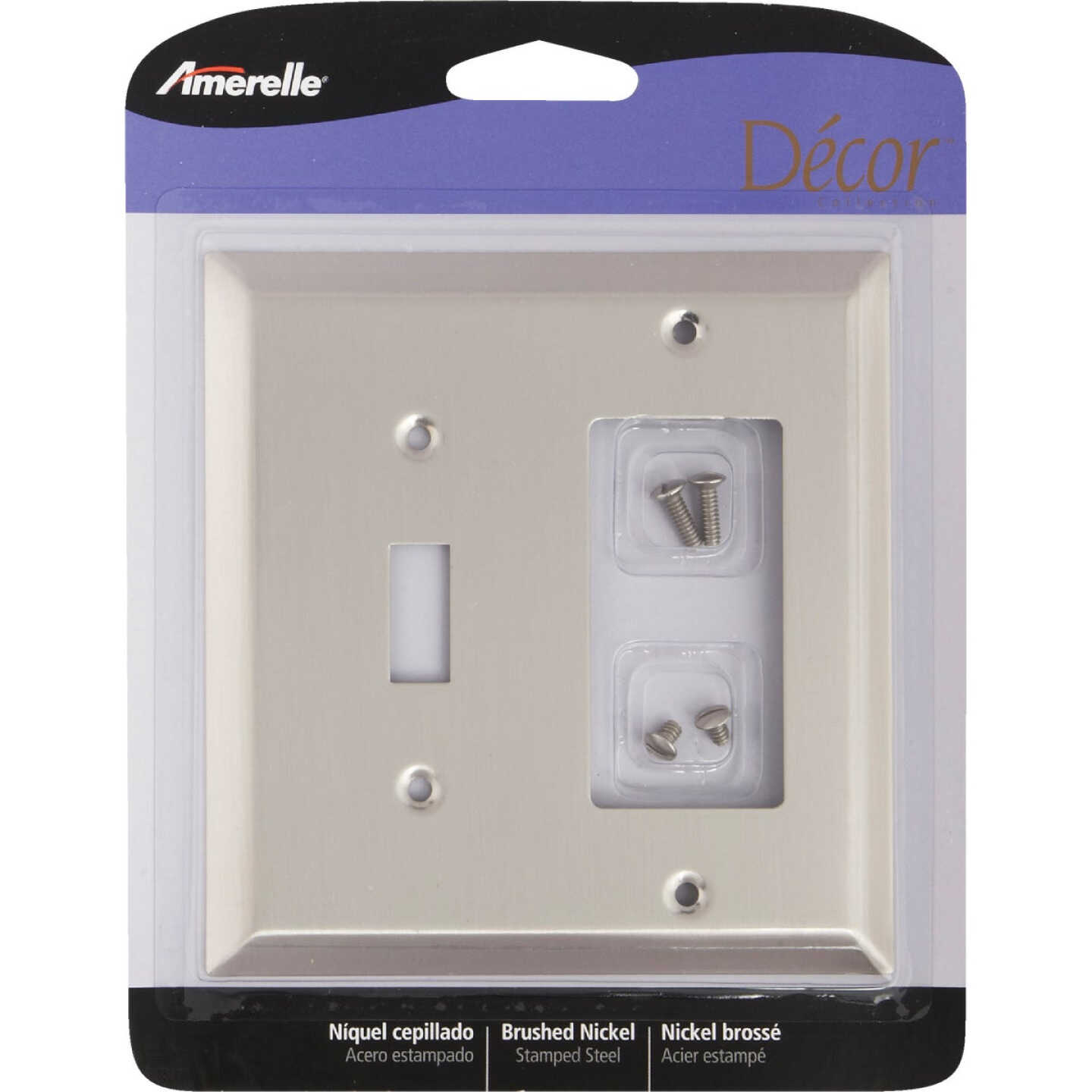 Amerelle 2-Gang Stamped Steel Single Toggle/Rocker Wall Plate, Brushed Nickel Image 2