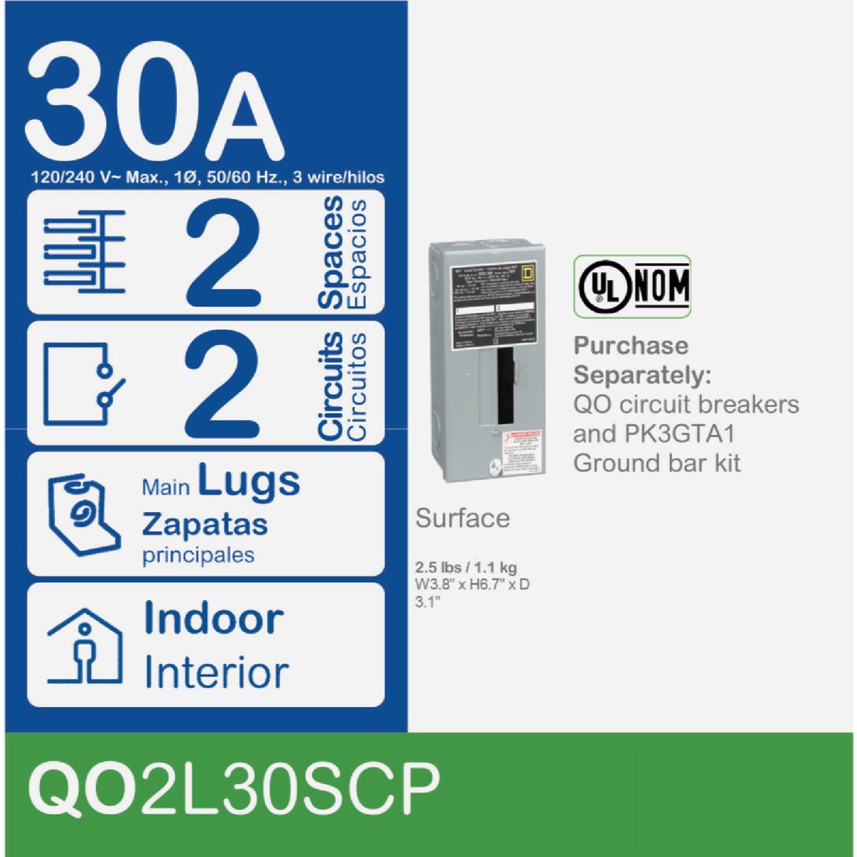 Square D QO 30A 2-Space 2-Circuit Indoor Main Lug Load Center Image 2