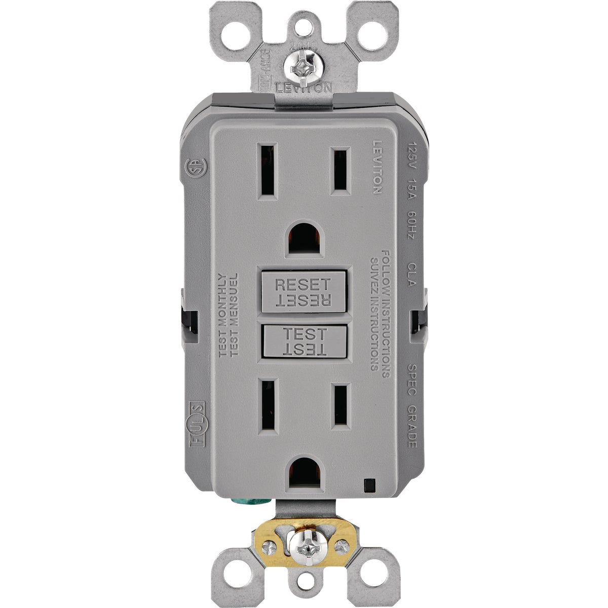 Leviton SmartlockPro 15A Gray Self-Test Slim Duplex GFCI Outlet Image 1