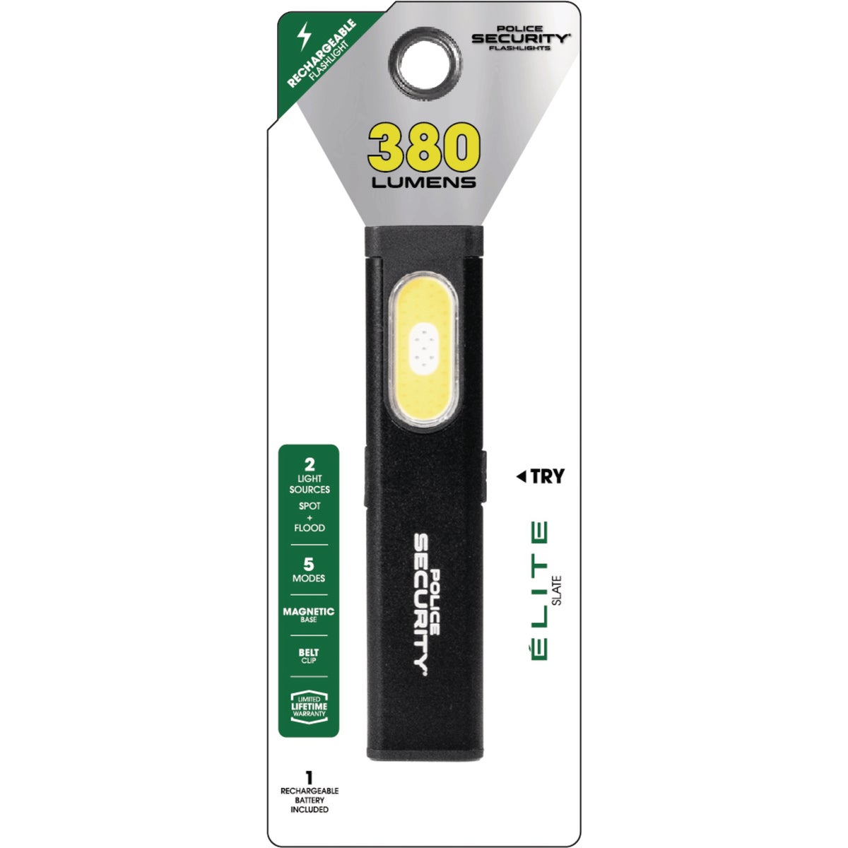 Police Security Slate 380 Lm. Rechargeable Flashlight