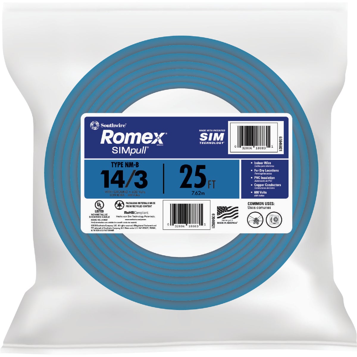 Romex 25 Ft. 14/3 Solid Blue NMW/G Electrical Wire