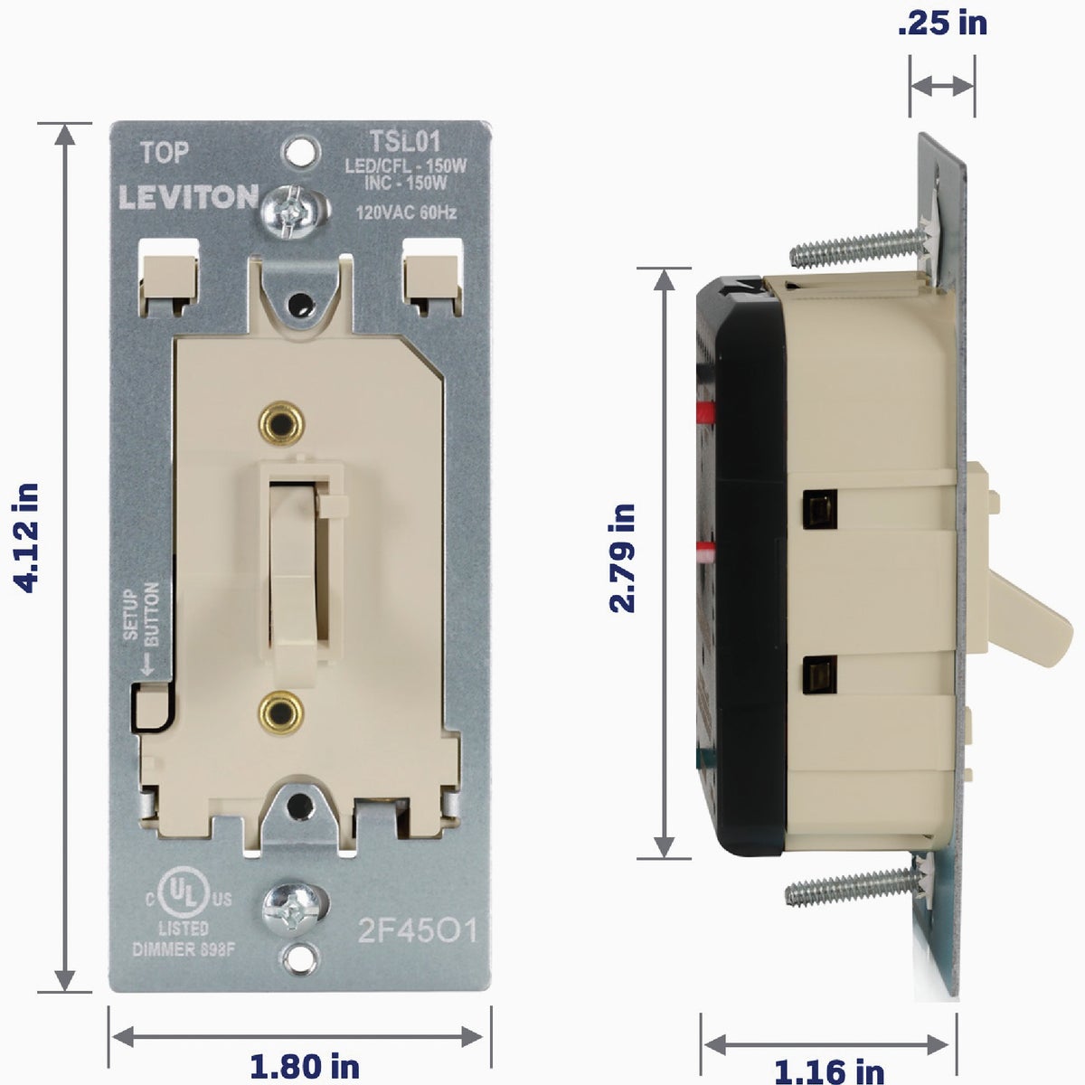 Leviton LED/CFL/Incandescent Ivory Slide Dimmer Image 3