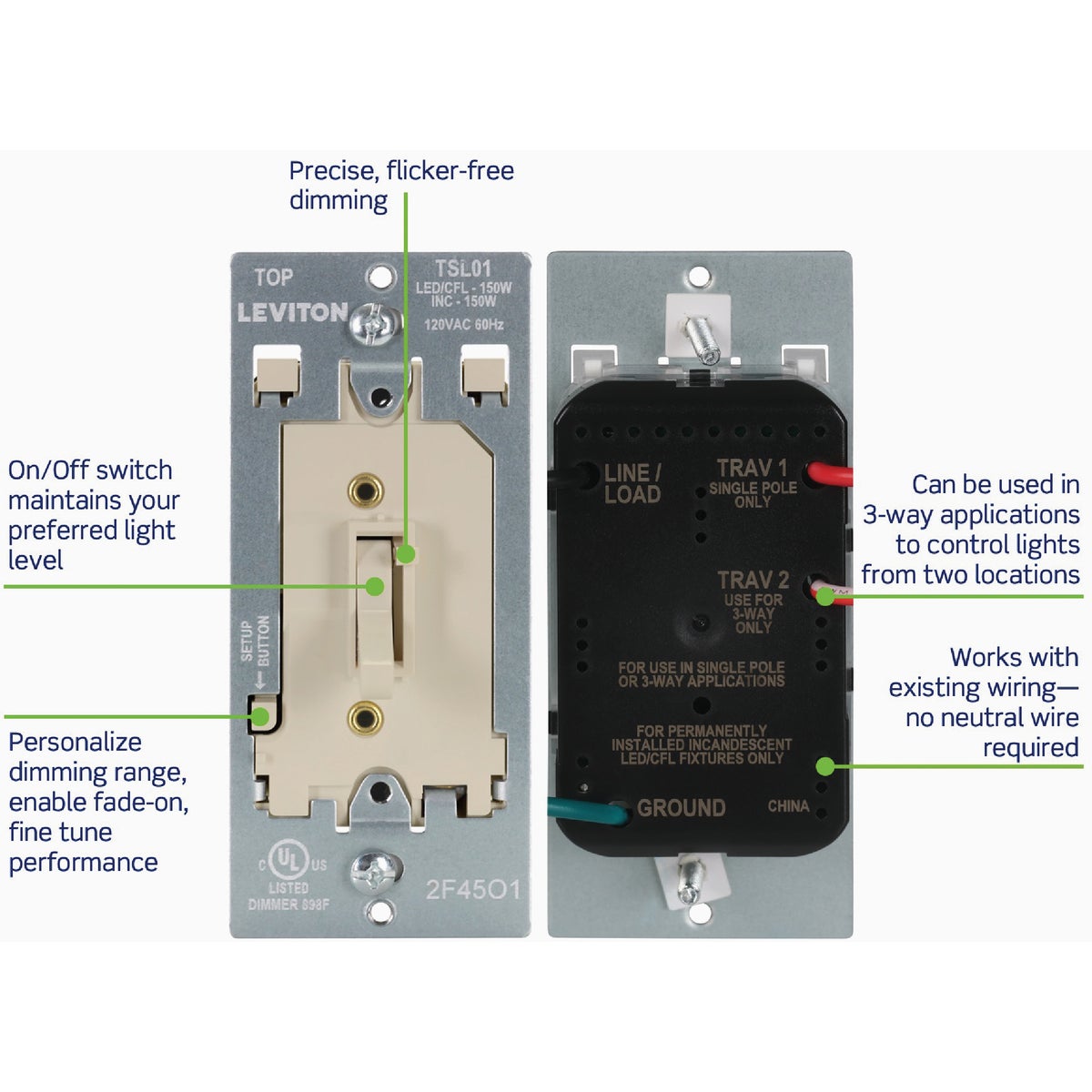 Leviton LED/CFL/Incandescent Ivory Slide Dimmer Image 2