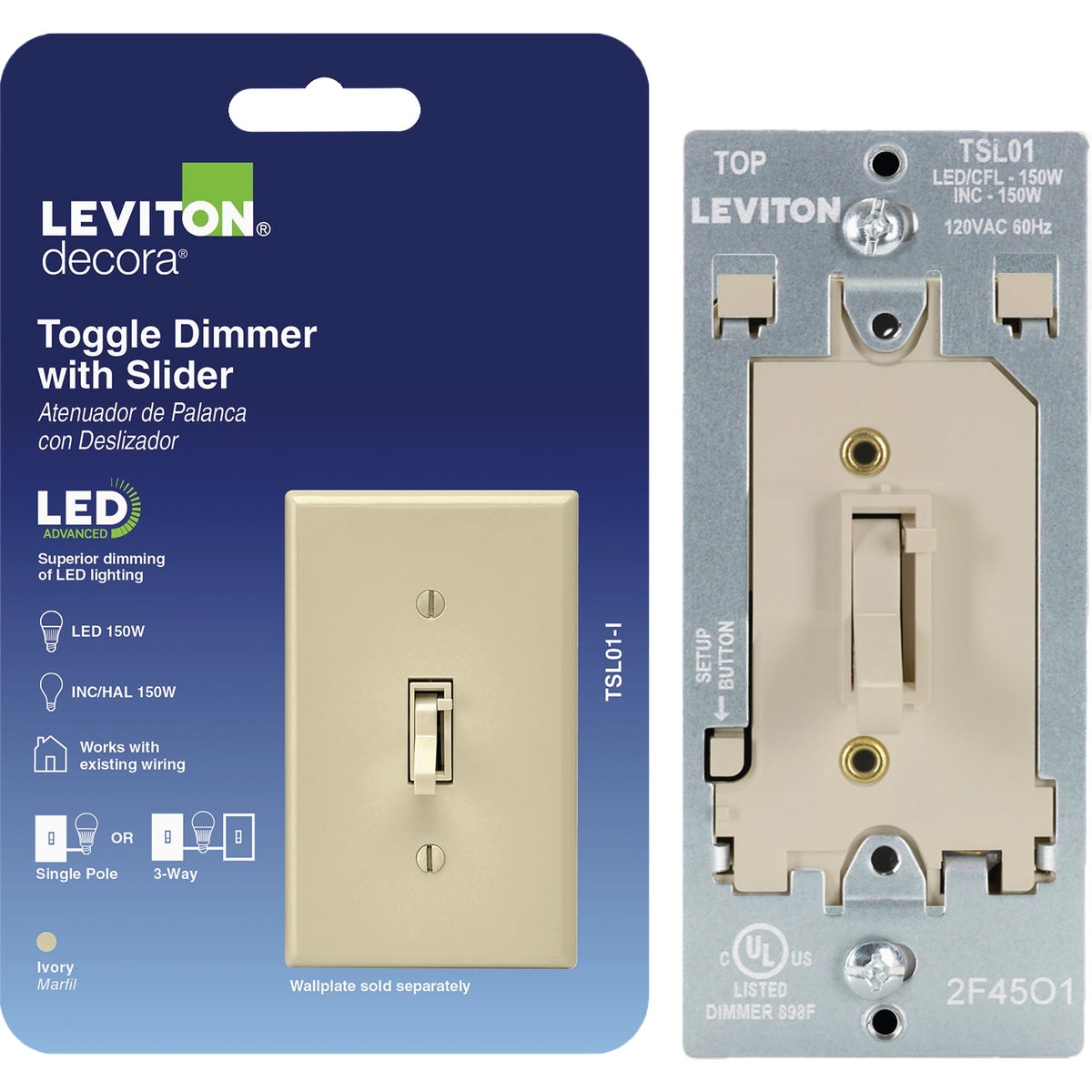 Leviton LED/CFL/Incandescent Ivory Slide Dimmer Image 4