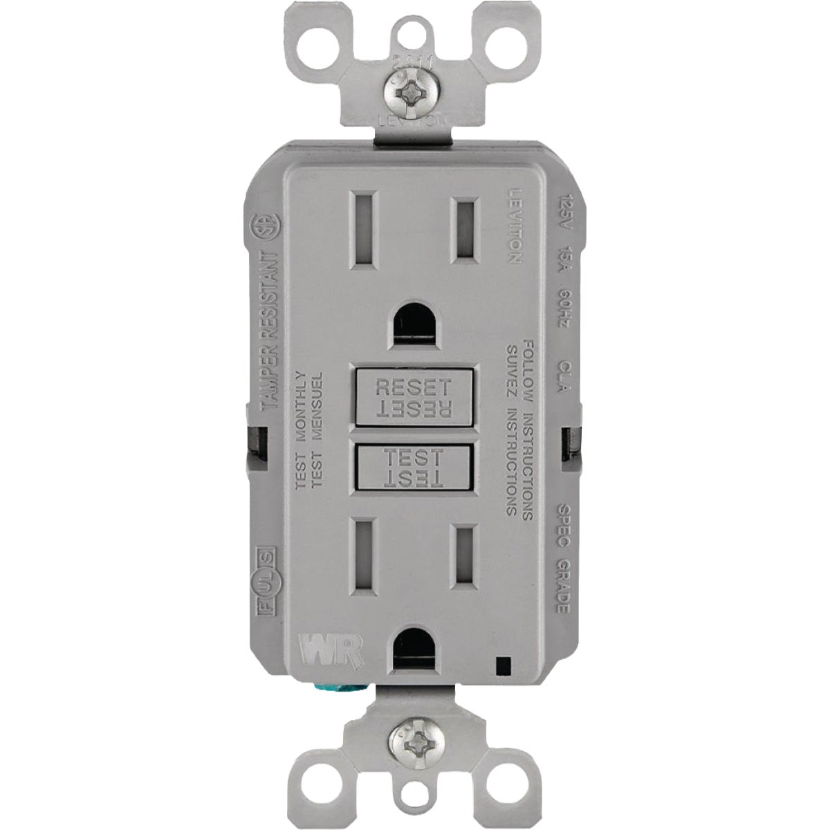 Leviton SmartlockPro 15A Gray Residential Grade Self-Test Tamper & Weather Resistant GFCI Outlet Image 1