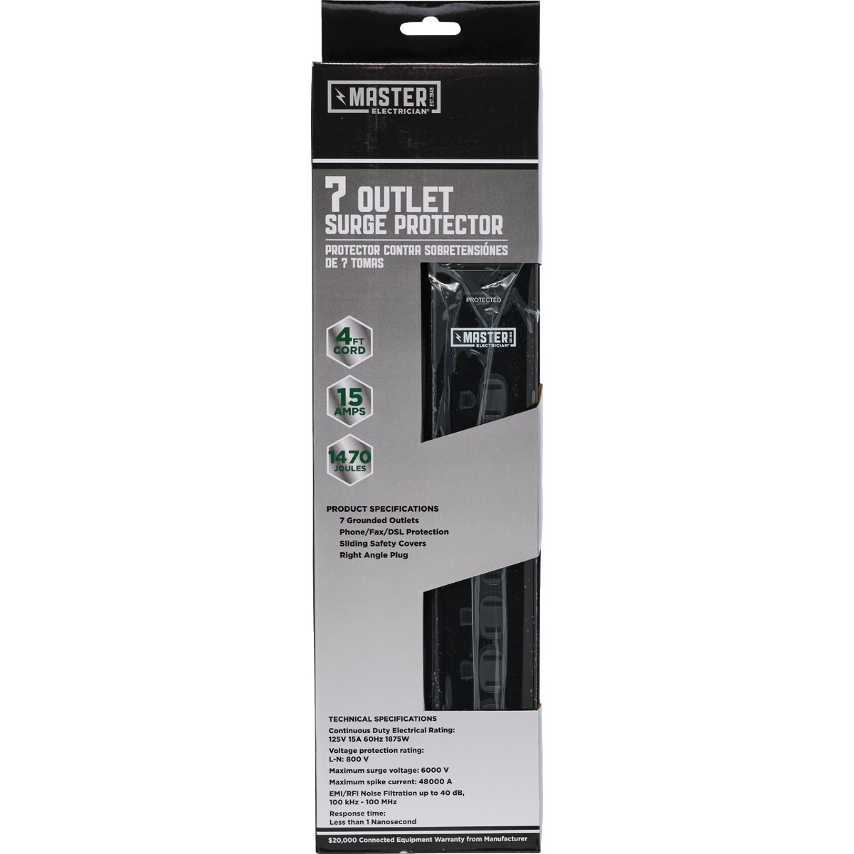 Do it Best 7-Outlet 1500J Black Computer, Phone, Or Fax Surge Protector Strip with 4 Ft. Cord