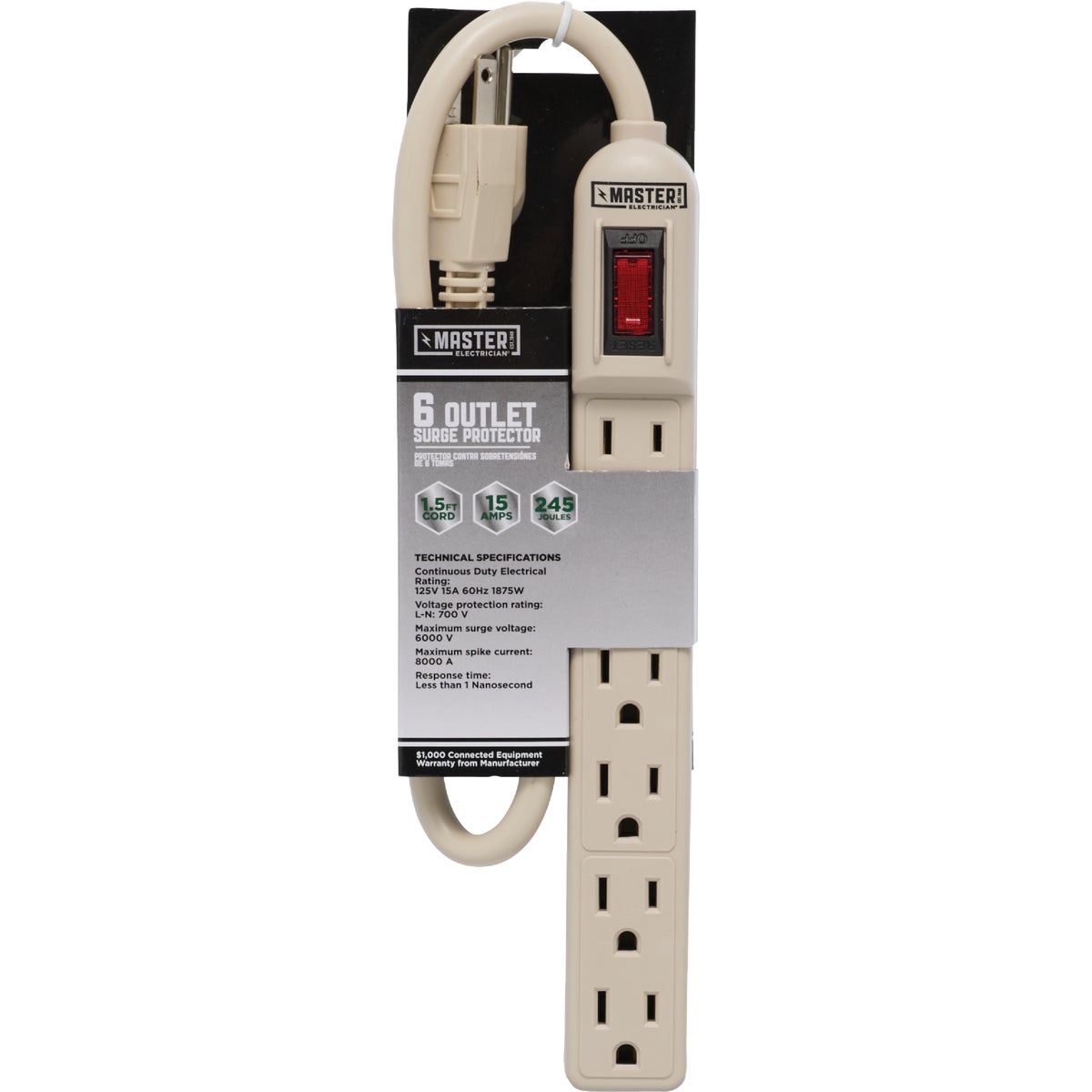 Do it 6-Outlet 150J Gray Grounded Surge Protector Strip with 1-1/2 Ft. Cord