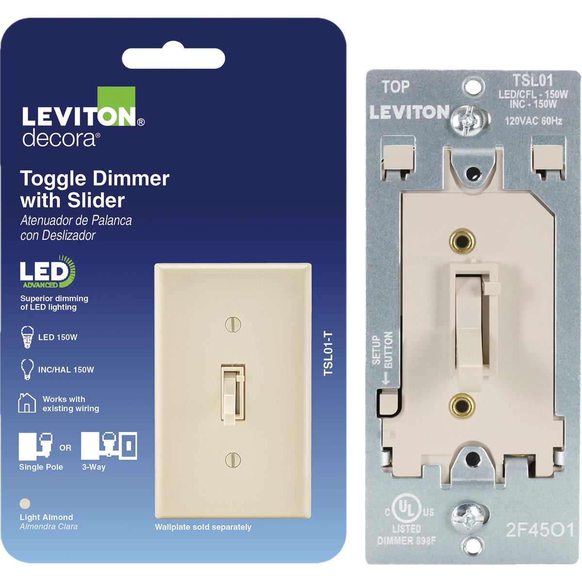 Leviton LED/CFL/Incandescent Light Almond Slide Dimmer Image 4
