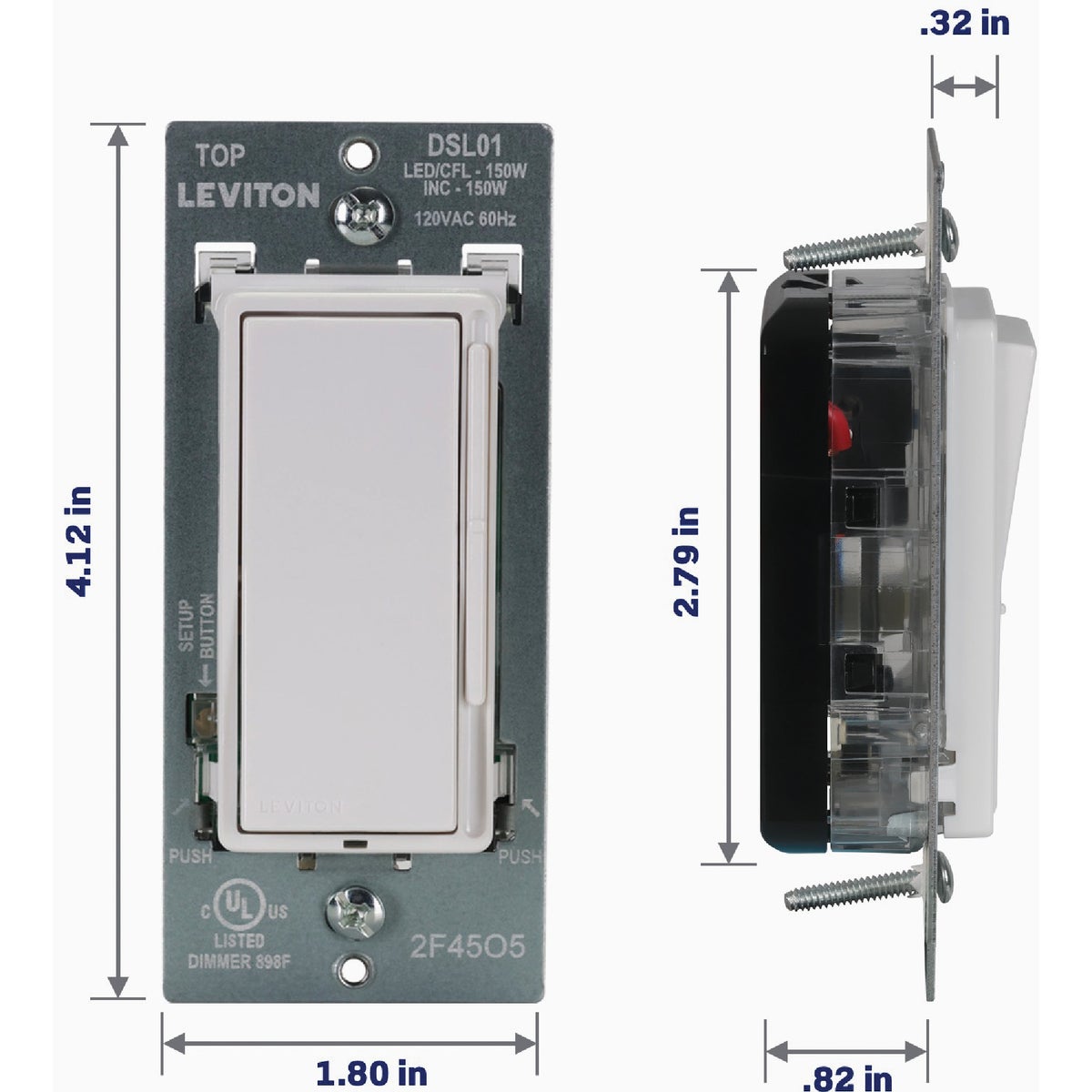 Leviton Decora LED/CFL/Incandescent White Rocker Dimmer with Slide Bar Image 3