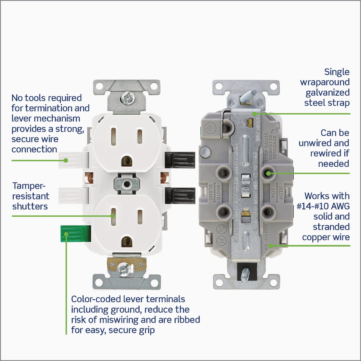 Leviton Lever Edge White 15A Commercial Grade 5-15R Tamper Resistant Duplex Outlet Image 4