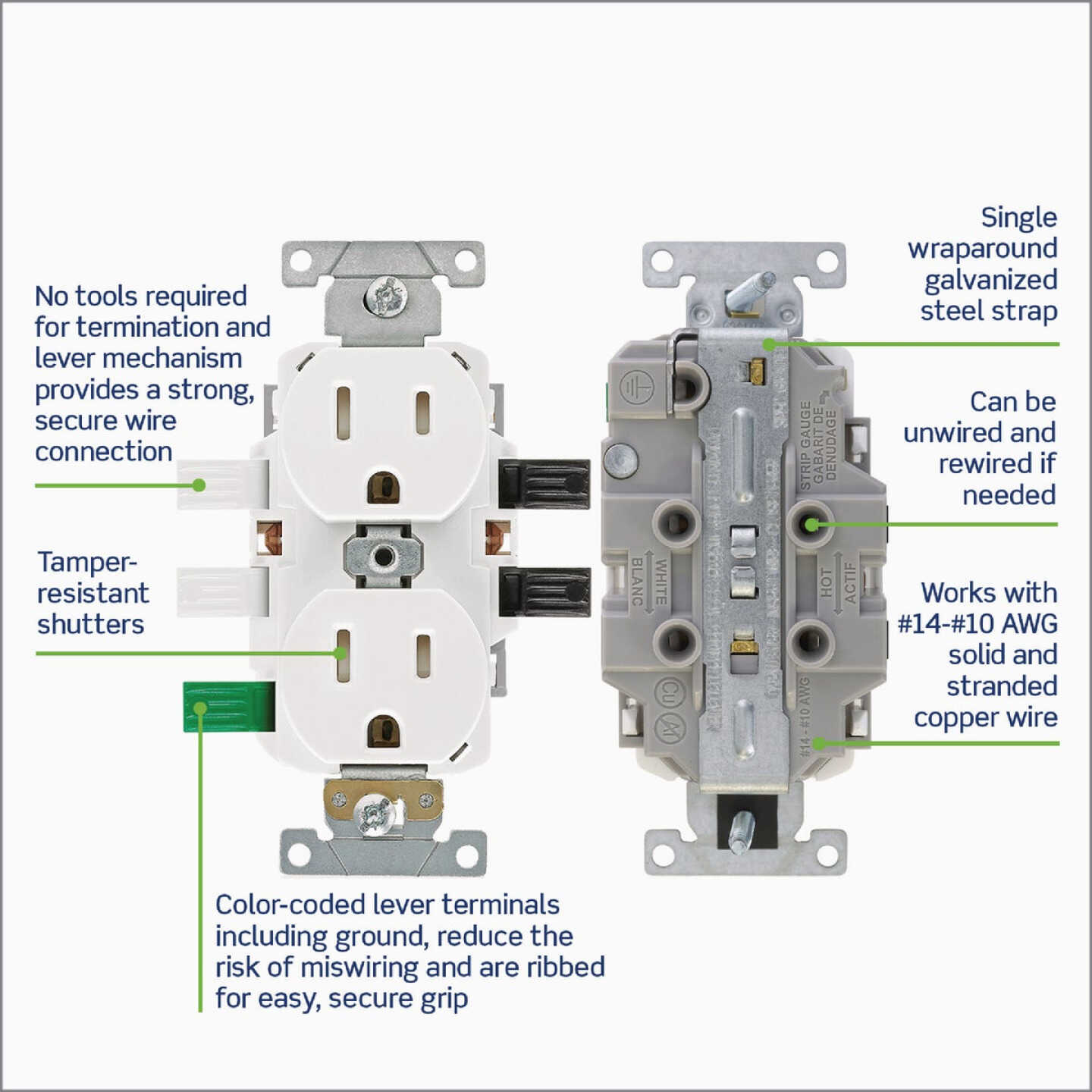 Leviton Lever Edge White 15A Commercial Grade 5-15R Tamper Resistant Duplex Outlet Image 4