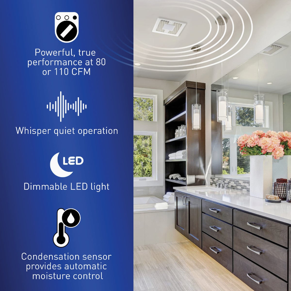 Panasonic Whisper Choice 80/110 CFM Bathroom Exhaust Fan with Dimmable LED Light Image 3