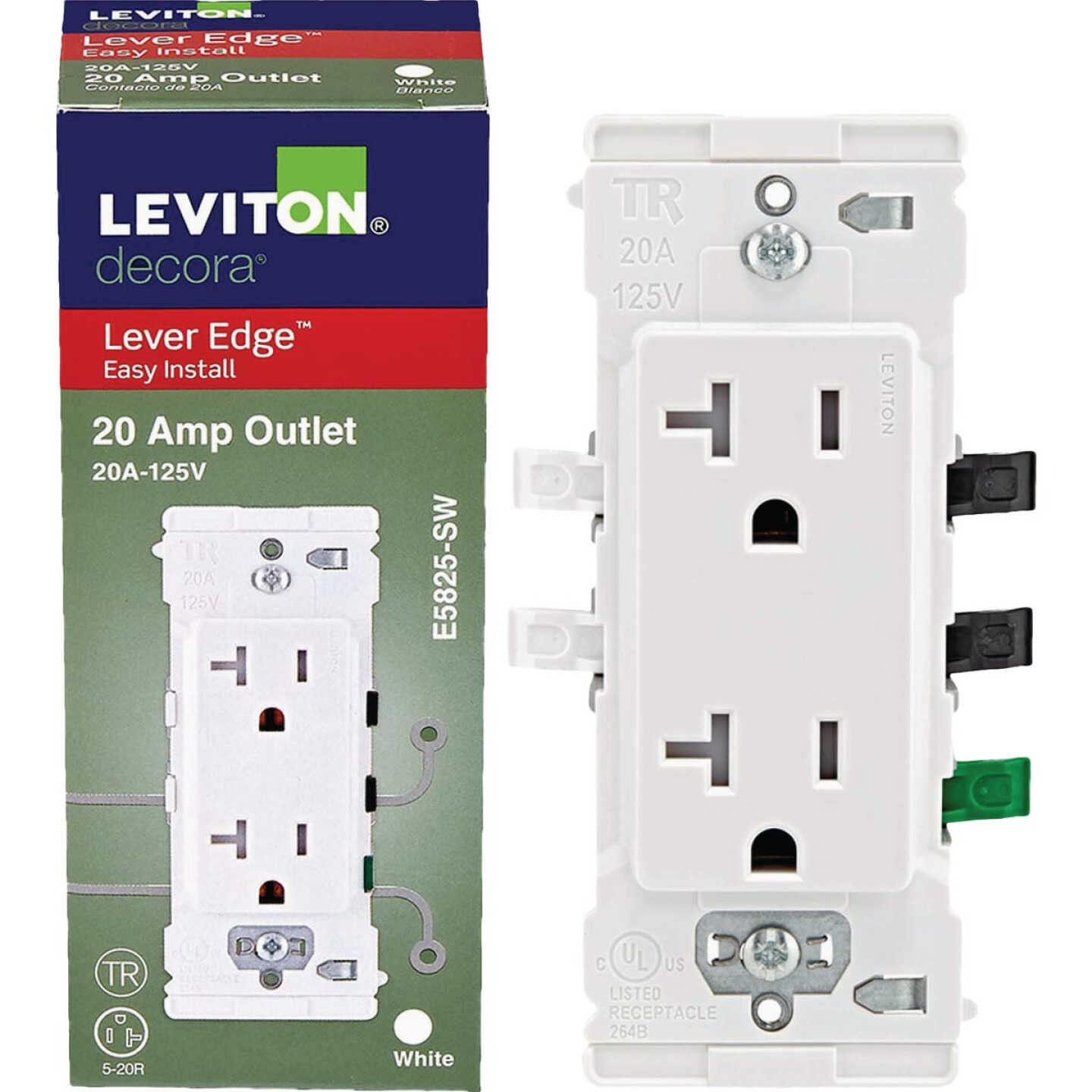 Leviton Lever Edge White 20A Commercial Grade 5-15R Tamper Resistant Duplex Outlet Image 1